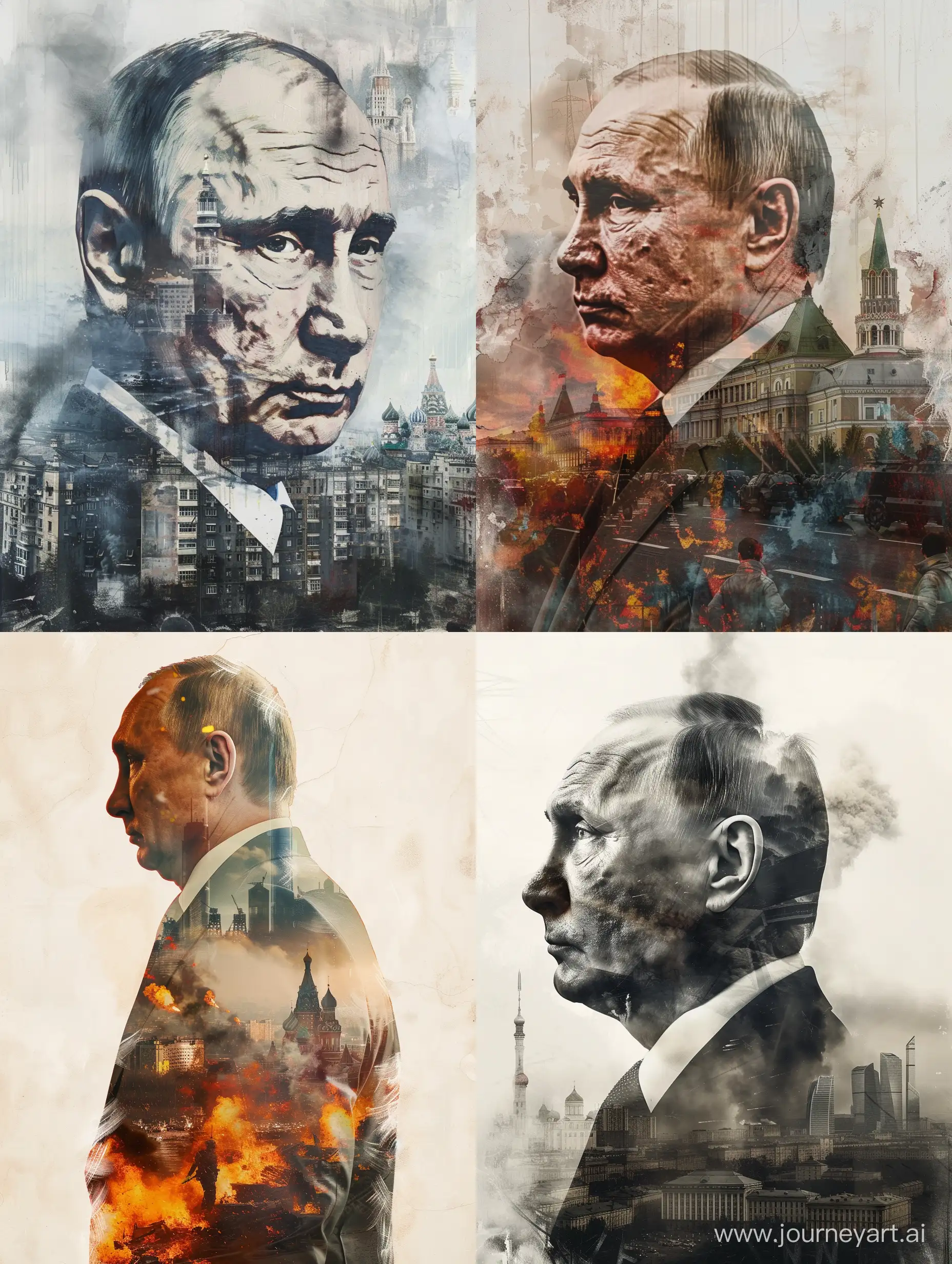 Impressionistic painting of Vladimir Putin in double exposure of dystopian war world 