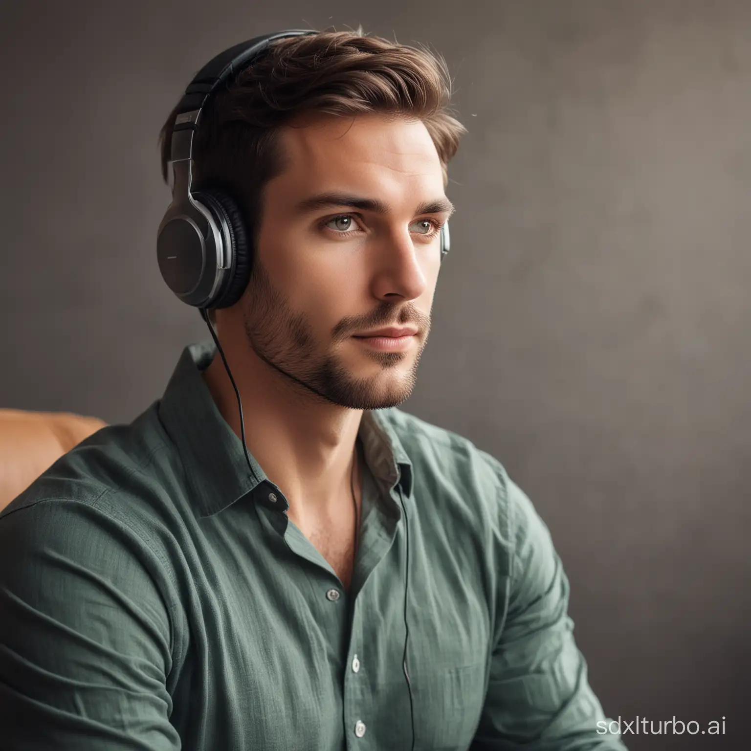 a photo of a man listening to audio affirmation statements, looking serene and confident