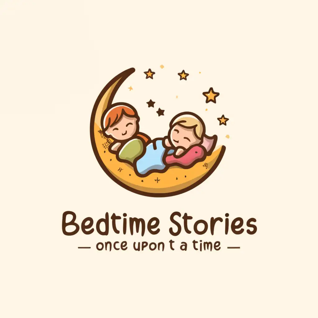 a logo design,with the text "Bedtime Stories - Once Upon a Time", main symbol:a bed and a moon with a children sleeping,Minimalistic,be used in Home Family industry,clear background