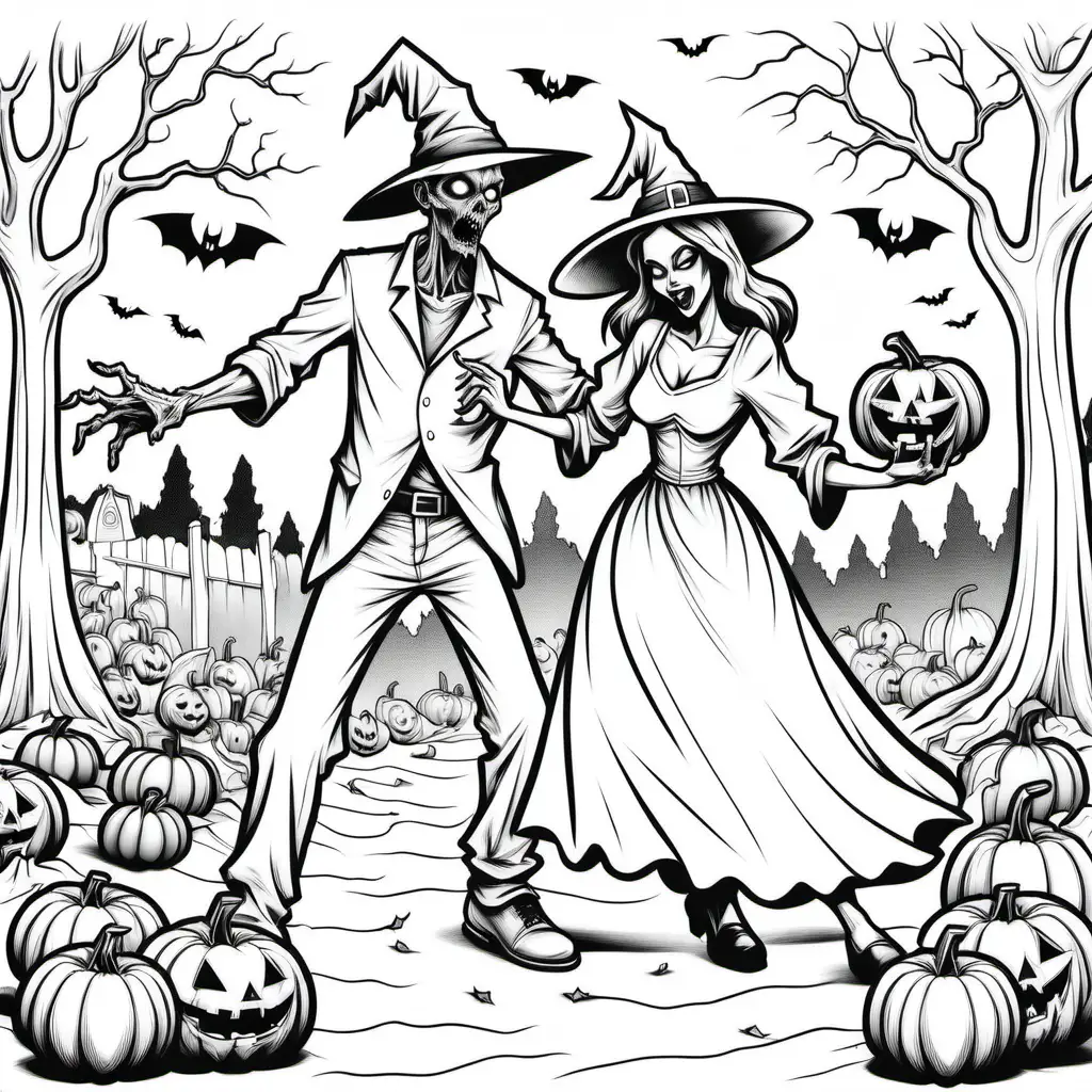 a simple black and white coloring book image of young man zombie and young woman witch doing halloween dance with pumpkins, for coloring