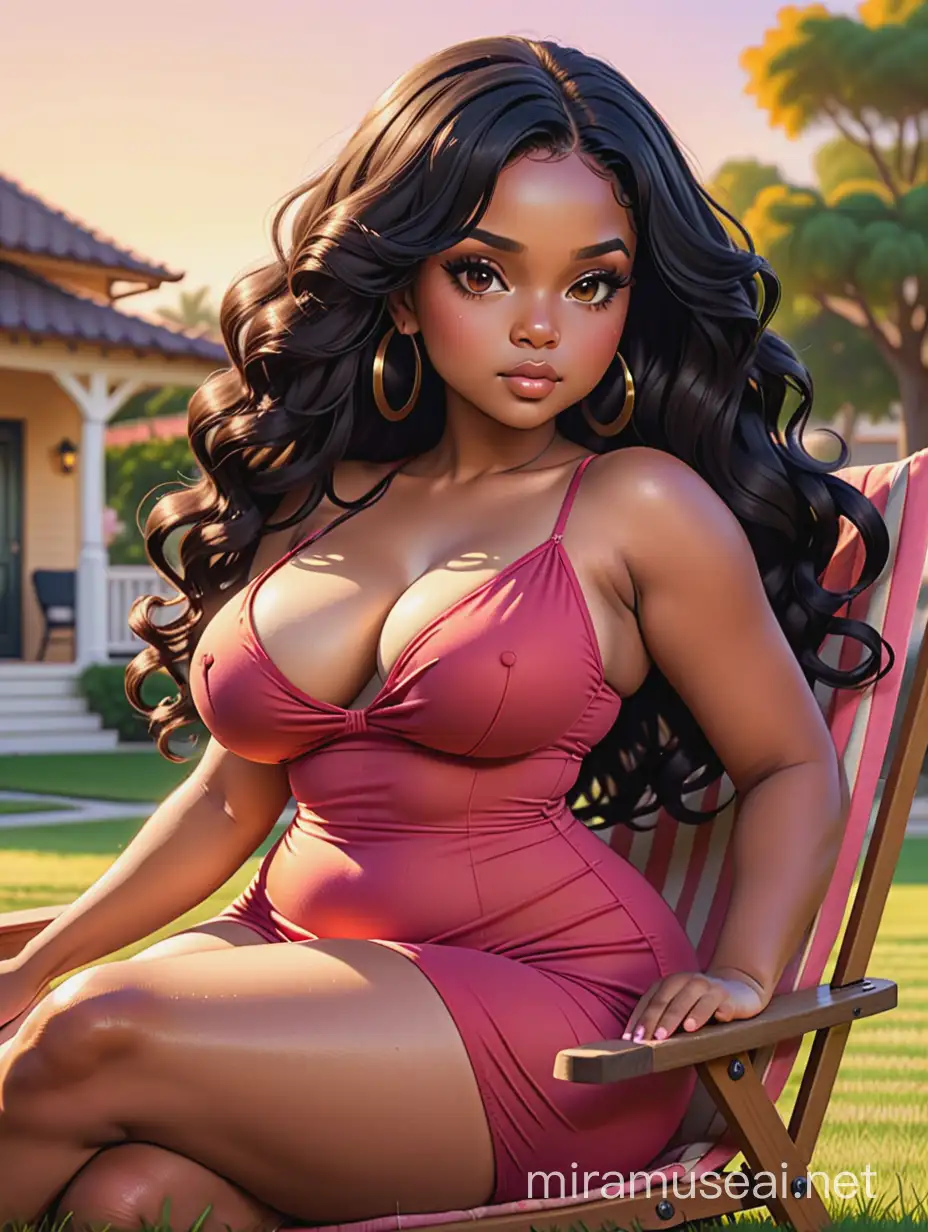 Against a background wash of golden sunset, a curvy chibi black female cartoon bombshell lounges on a lawn chair facing right. Her cascading black hair twists loosely halfway up, the rest falling around her shoulders. Dramatic makeup in sultry shades of brown and pink bring out her large, lined brown eyes. She sits sideways in a form-fitting red maxi dress, resting her rounded face on one hand as the other smooths the billowing fabric over her ample hips. 2k Pointillism image