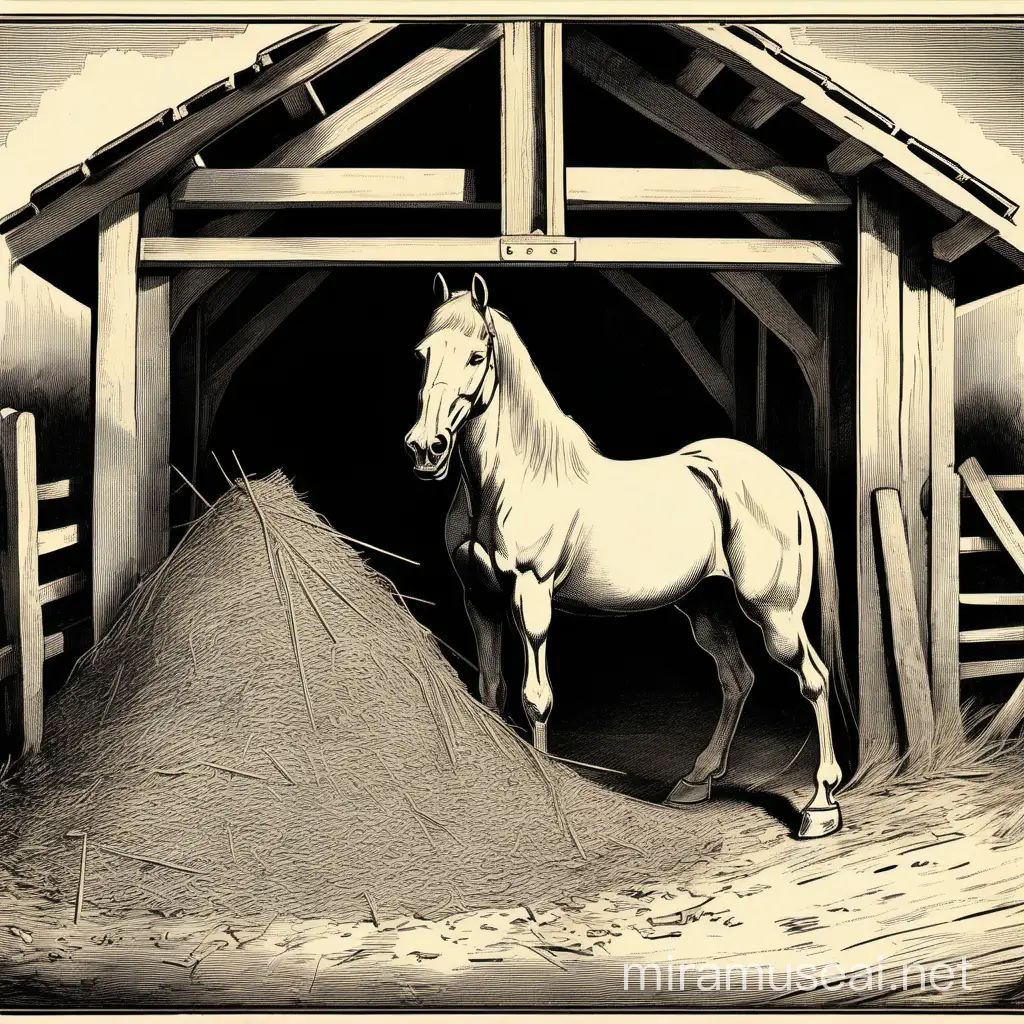 create a picture1890s political cartoon of a horse stable with a small amount of dung in the haystack