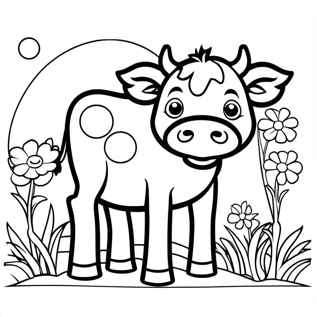 cute cow, Coloring Page, black and white, line art, white background, Simplicity, Ample White Space. The background of the coloring page is plain white to make it easy for young children to color within the lines. The outlines of all the subjects are easy to distinguish, making it simple for kids to color without too much difficulty