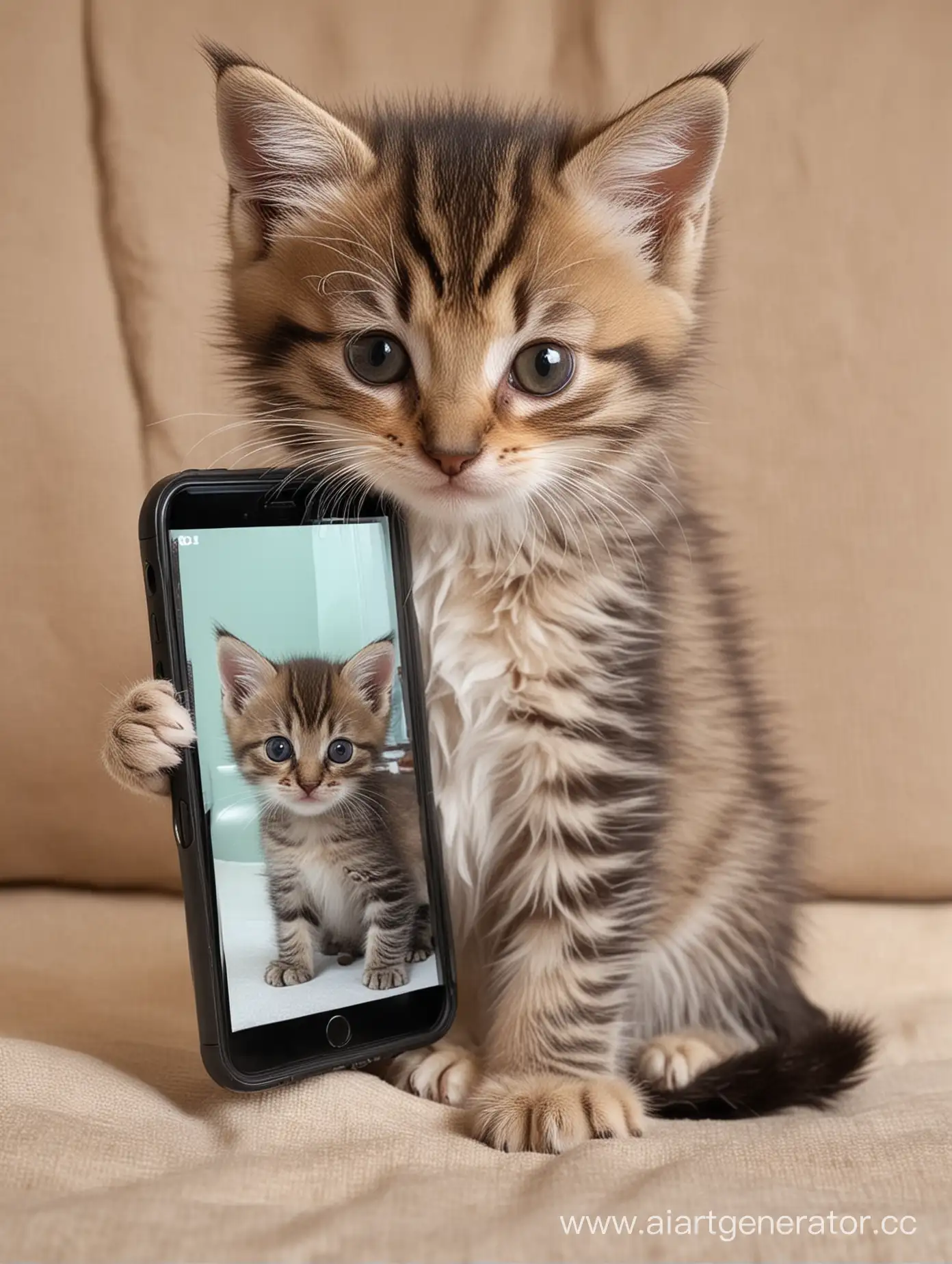 котенок держит в лапах телефон больше самого котенка, эрканом на зрителя