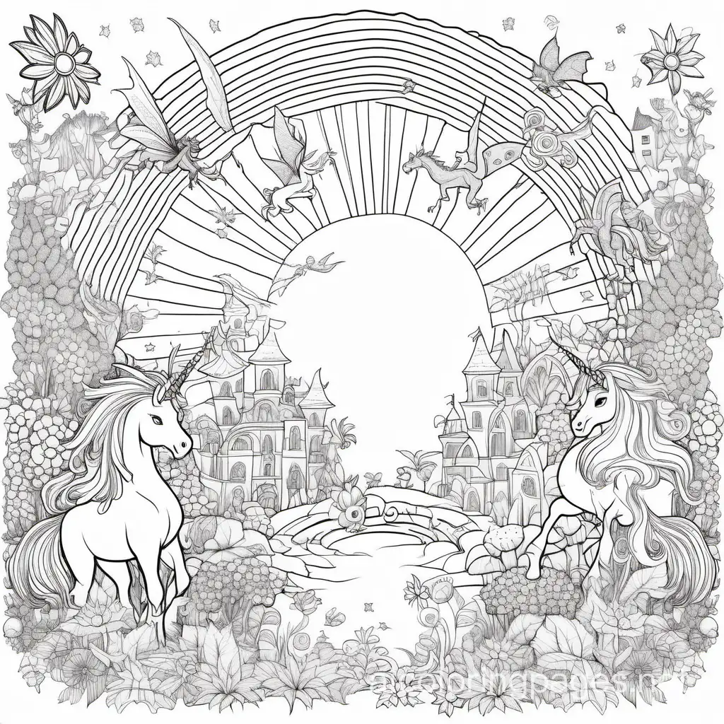 a mystical garden with a rainbow, sun, fairies, dragons, unicorns and flowers, Coloring Page, black and white, line art, white background, Simplicity, Ample White Space. The background of the coloring page is plain white to make it easy for young children to color within the lines. The outlines of all the subjects are easy to distinguish, making it simple for kids to color without too much difficulty