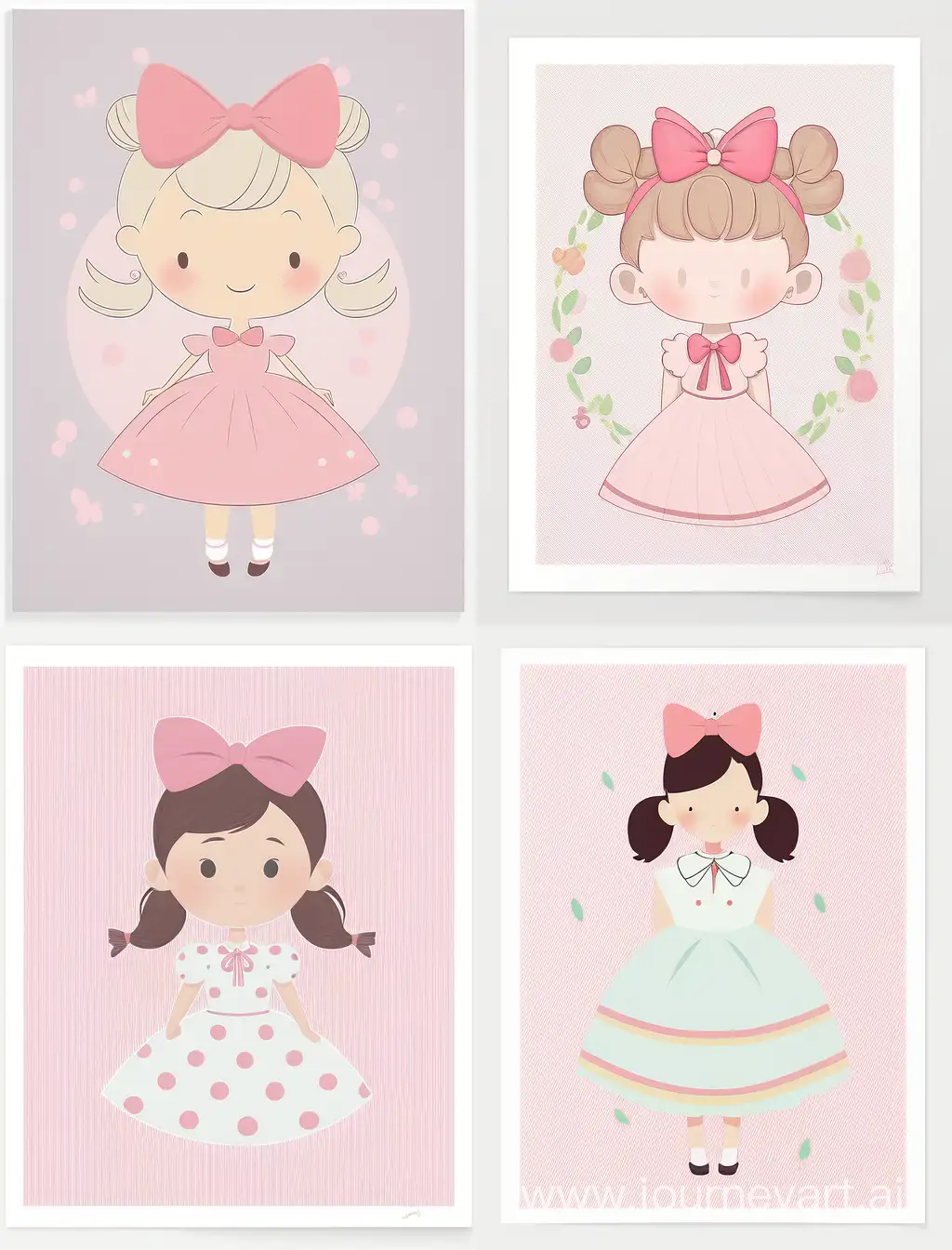 A whimsical nursery poster of cute rosy cheeks girl wearing a pink dress with dark spots and a bow in her hair, pastel colors, soft color