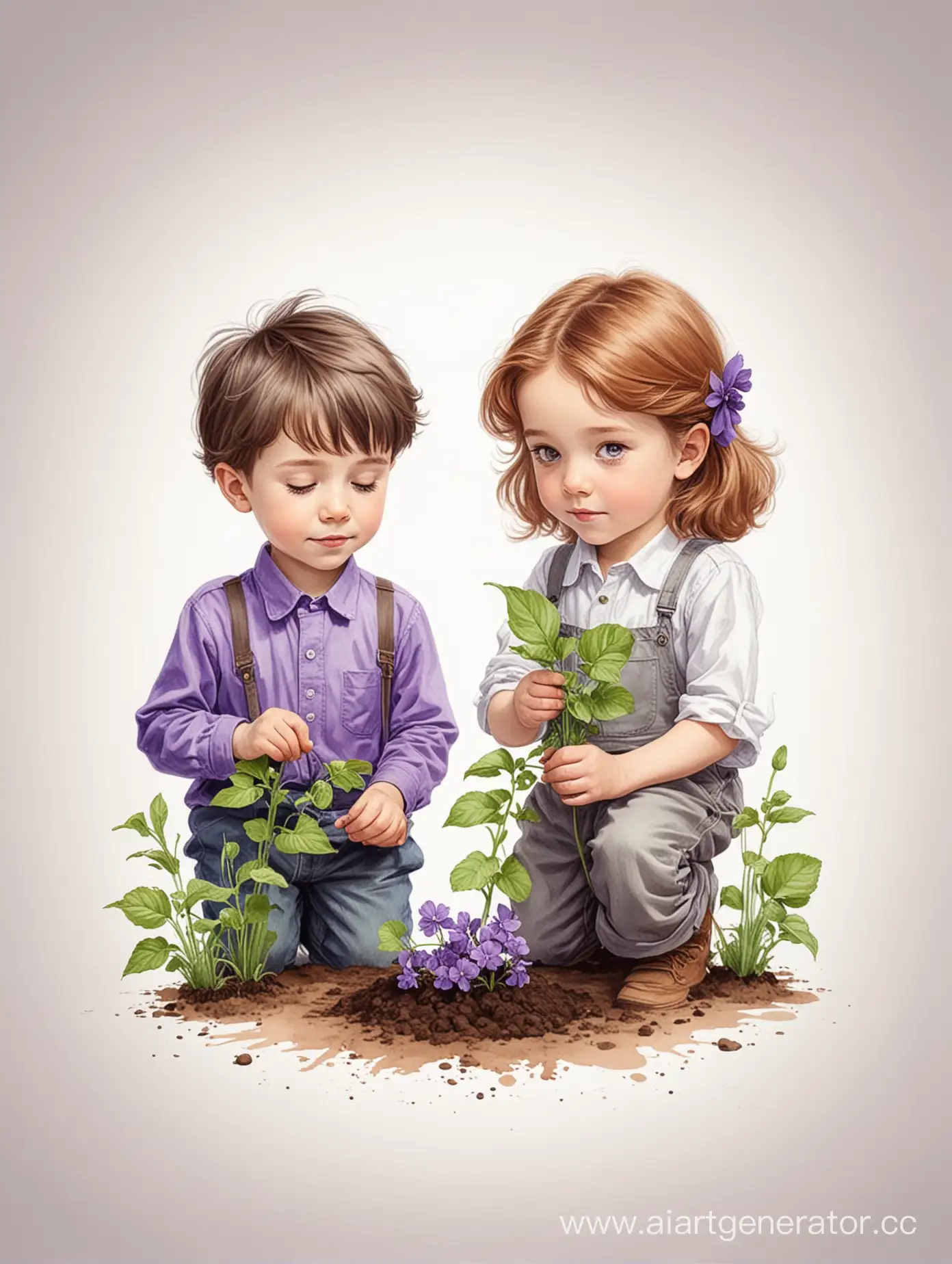 Children-Planting-Violets-Playful-Boy-and-Girl-Gardening-on-White-Background