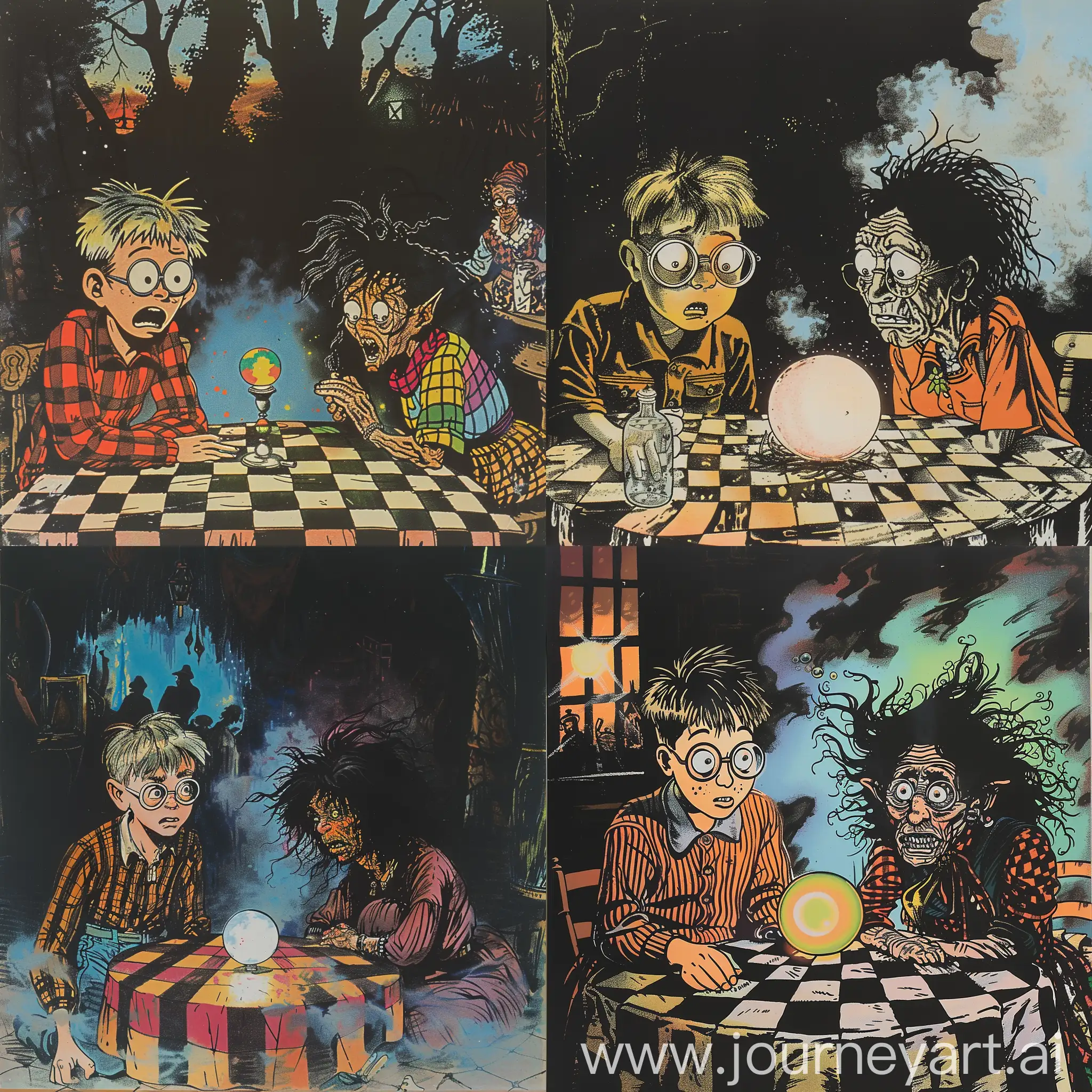 13 year old boy, fair hair and round glasses, he is scared. sitting with an old gypsy woman with black wild hair at a table with a checkered tablecloth. It is a dark evening at a Tivoli. On the table is a small glowing ball. With mists in many colors, by Hergé, flat cartoon color, bold lines, vivid colors