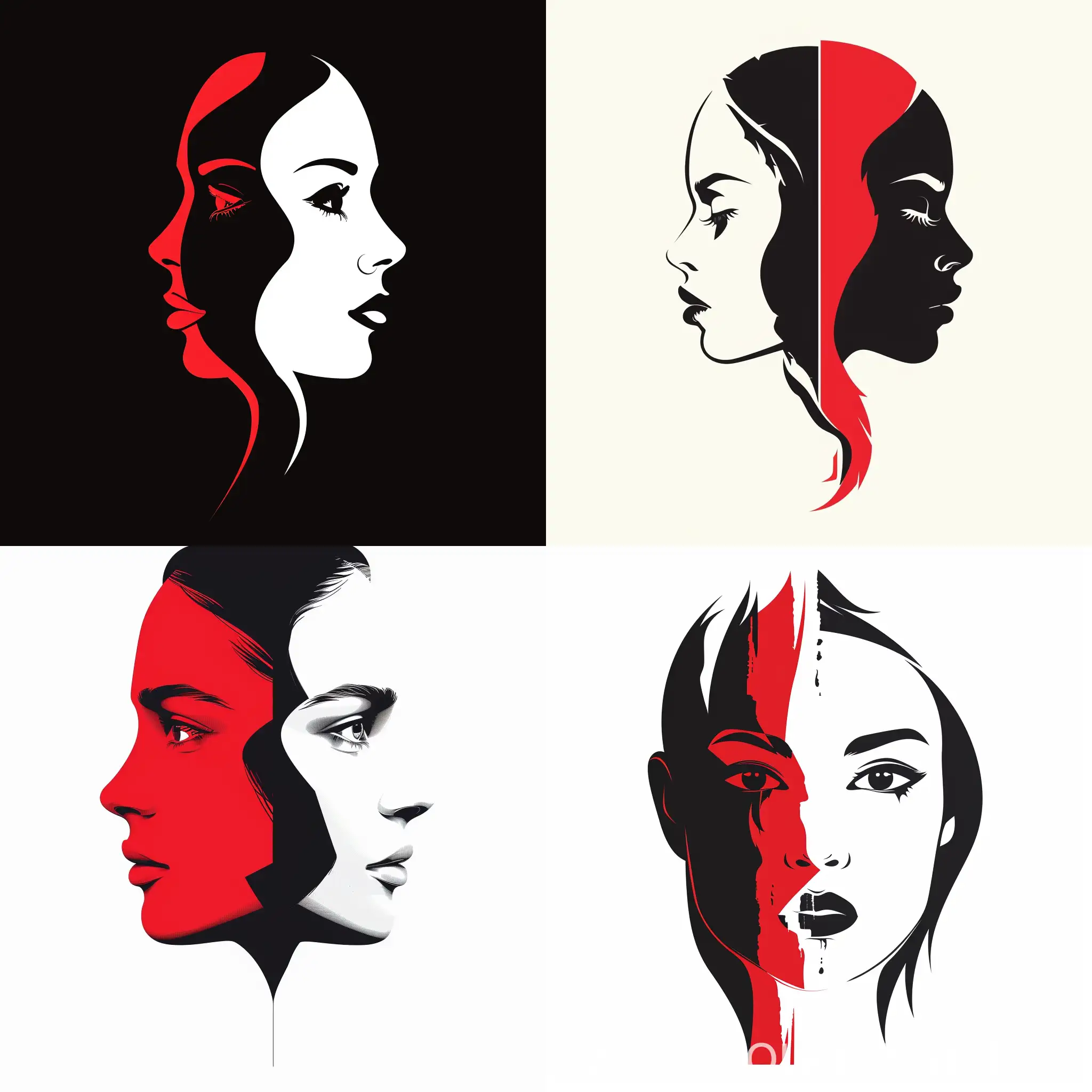 make a logo women split women  face  young and sharp ,red black and white colors