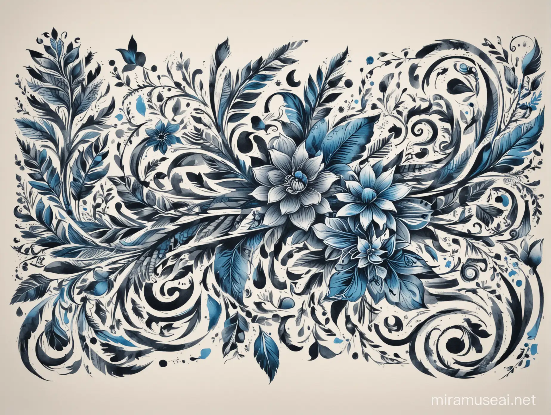 a flat white background contains a vector image, which is a tribal tattoo-style pattern that implies flowers, plants, and musical notes. The vector image is made of blue, grey, and black hues. The image has a flush left side and flush top side to create a ninety degree angle so that the image can fit in the upper left hand corner of a page.