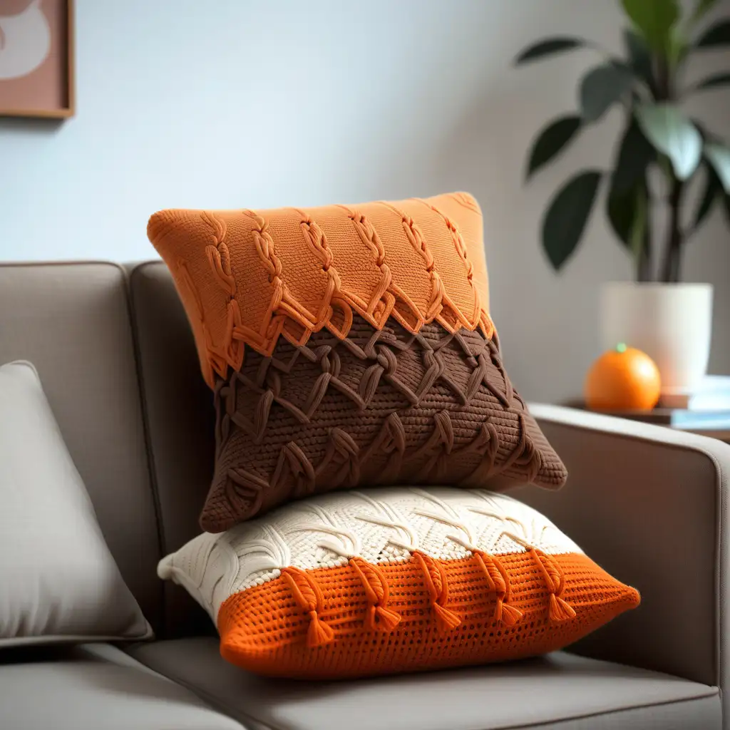 oturma odasında  dekoratif tığişi elörgüsü soft  kahverengi ve turuncu renkli yastık göster
