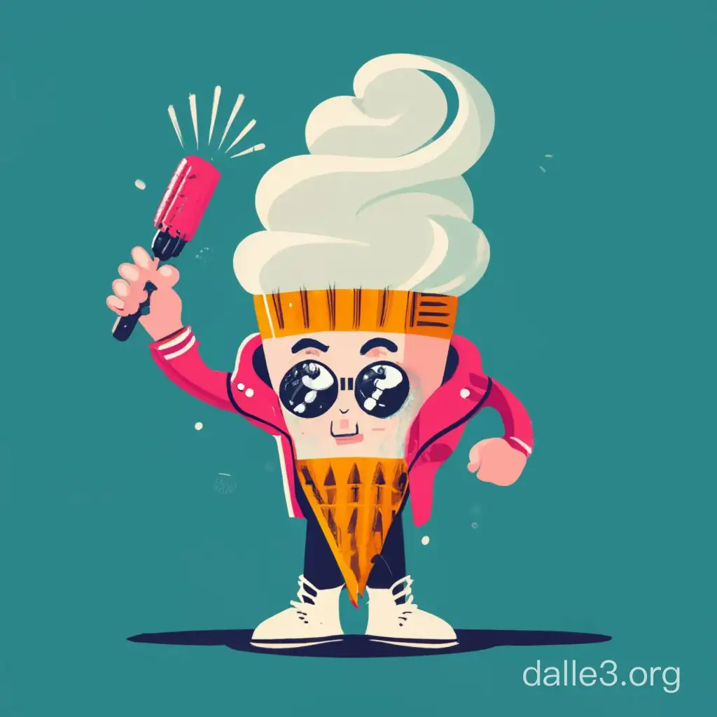 Create an illustration in a flat style: a character in the form of ice cream. The head is represented by an ice cream scoop, and the character's appearance is inspired by the 'Greasers' style. The character wears a 'perfecto' leather jacket with white inserts, jeans, laced army boots, and has a pompadour hairstyle slicked back, aviator glasses, a wide white smile, and sideburns. In their hands, there's a microphone, and they stand in a dynamic rock-and-roll pose on an illuminated stage. Enhance the illustration with vibrant colors, neon signs, and a concert atmosphere with a microphone.