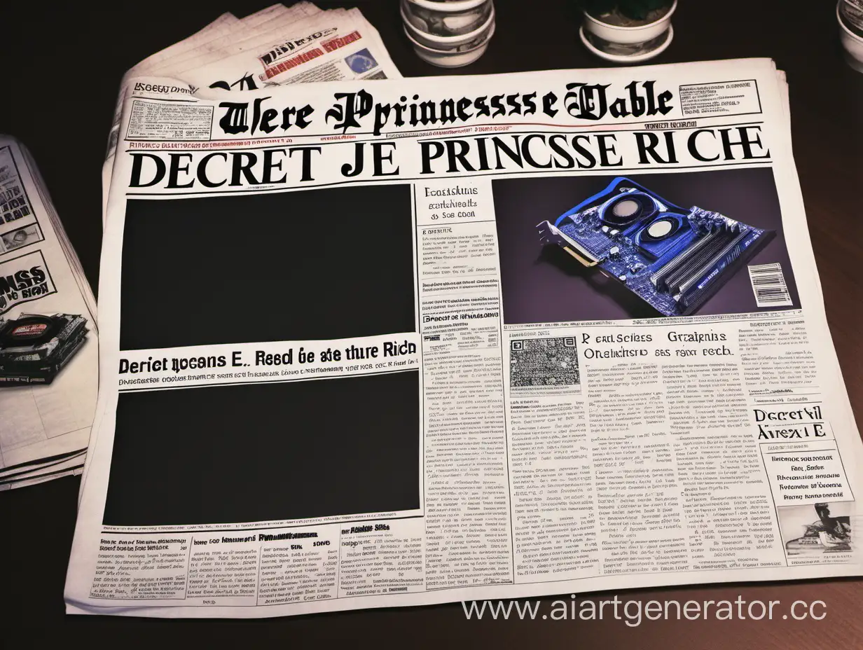 лежит 2 газеты   на столе\
1) где в заголовках  написано "décret princesse je veux être riche"  
2)написано  "rx 580 otval"  и картинка видеокарты