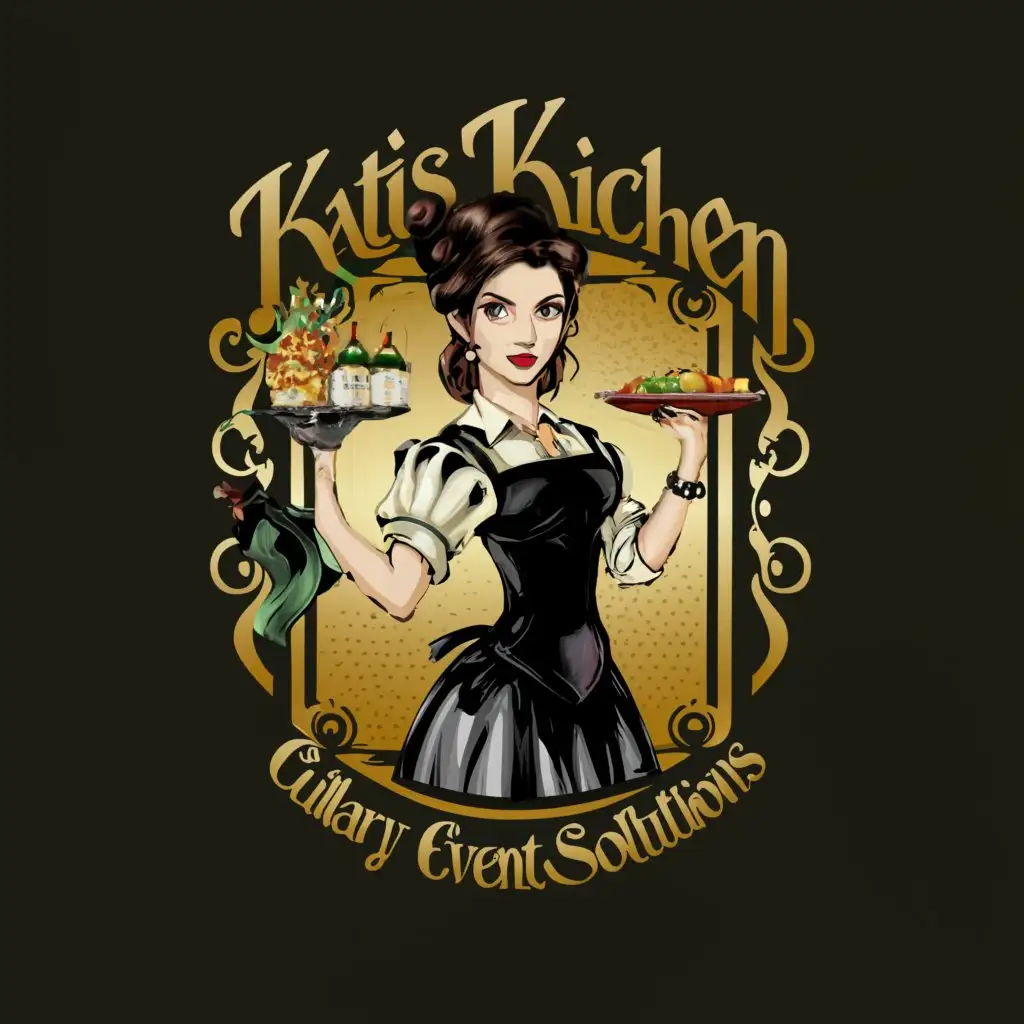 a logo design,with the text 	extit{Katie's Kitchen & Culinary Event Solutions}, main symbol:emerald green, black and gold colors with a gothic type vibe of a female chef in her kitchen,Moderate,clear background
