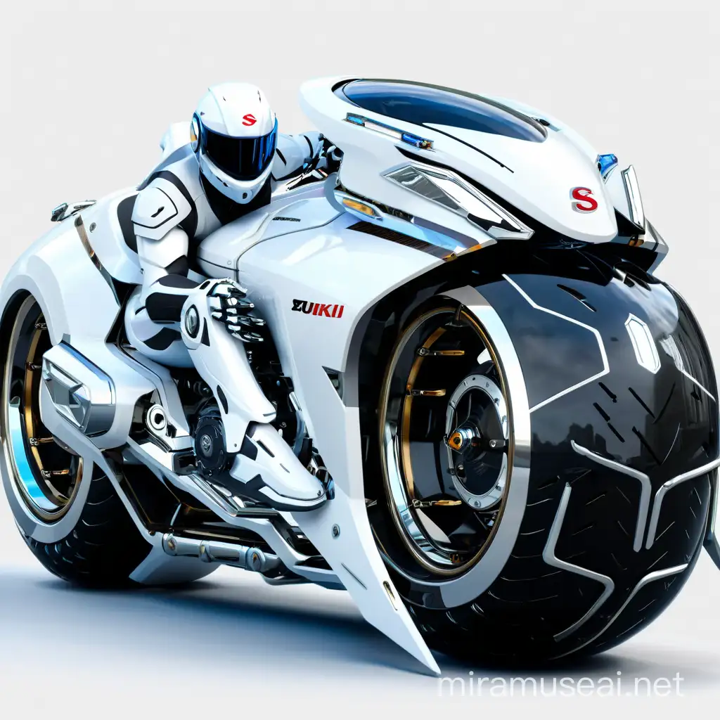 there is a motorcycle with a man riding on it, futuristic motorcycle, riding a futuristic motorcycle, motorcycle concept art, futuristic chrome vehicle, futuristic vehicle, futuristic vehicles, sitting on cyberpunk motorbike, futuristic suzuki, cycle render, anime art vehicle concept art, cycles 3 d render, white biomechanical details, futuristic cars and mecha robots, motorcycle 