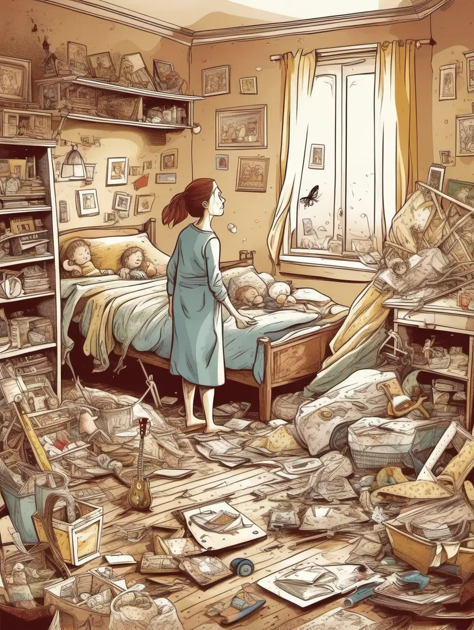 mother looks at the untidy room. picture for children