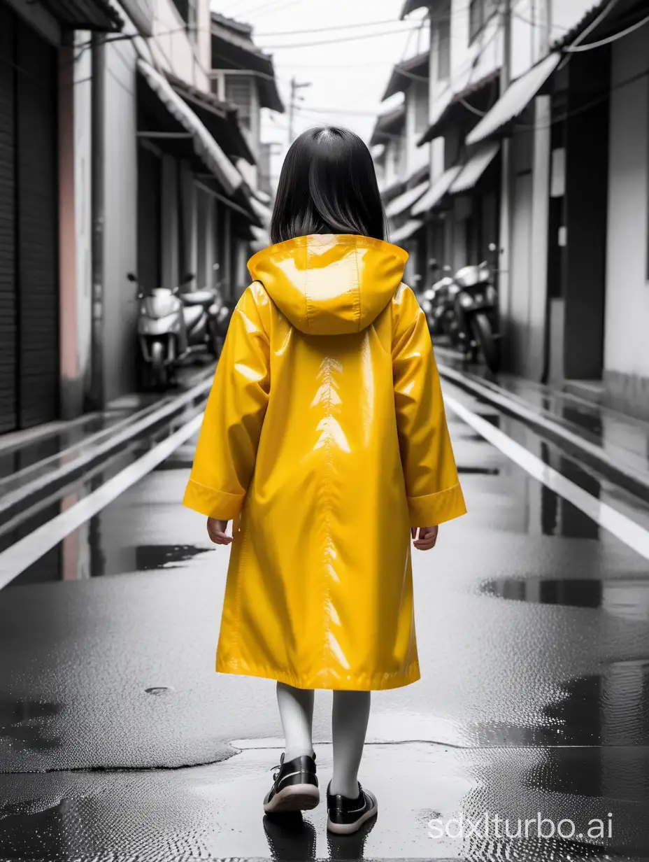 A little Asian girl, 10 years old, wearing a yellow raincoat, walking on the street with a black and white street in the background, rear view, real photography, black and white photography
