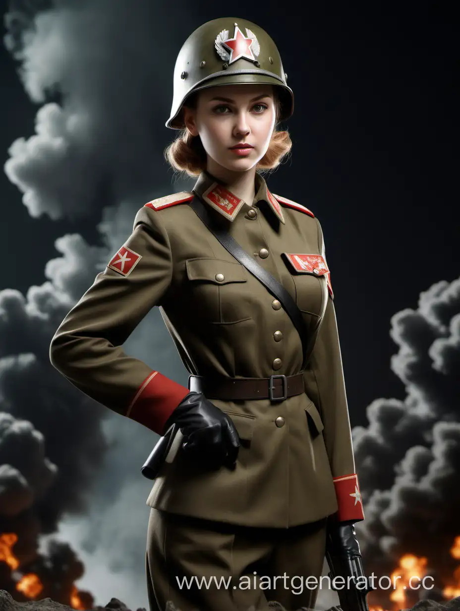 Gun Waifu, 30 year old woman, full body, totalitarism, german helmet, 8K, highly detailed, ww2 Soviet military uniform officers, solo, explosive background