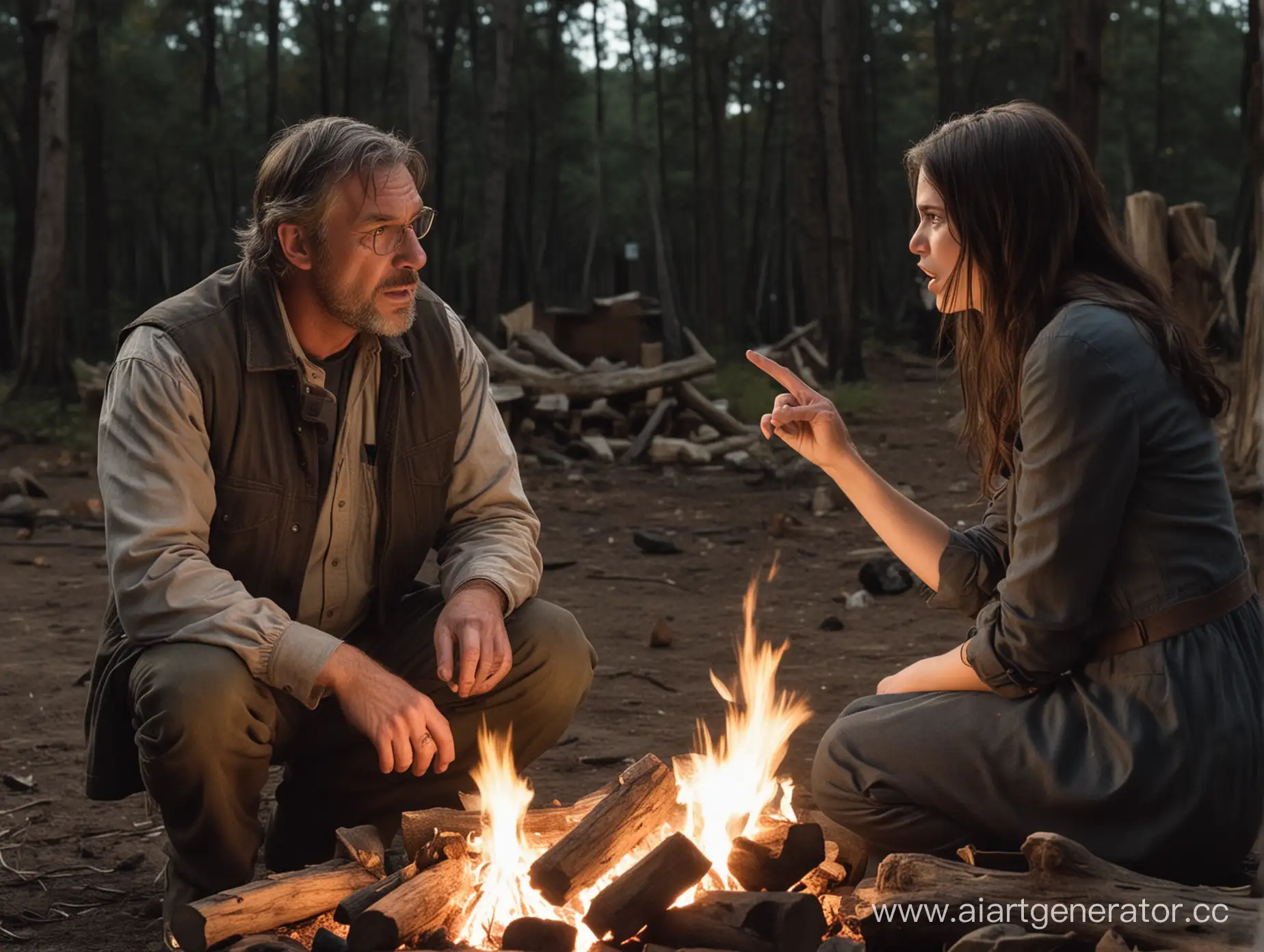 A father, a pastor of the American church and an ardent fanatic, sits around a campfire with his 23-year-old daughter, not an ardent but still anti-church activist.
The father, in his forties, sits and stares with his hands on his head, frantically looking at a dead boy bitten by a zombie. And his daughter, with black, not very long, loose hair, points her finger at her father and shouts furiously.