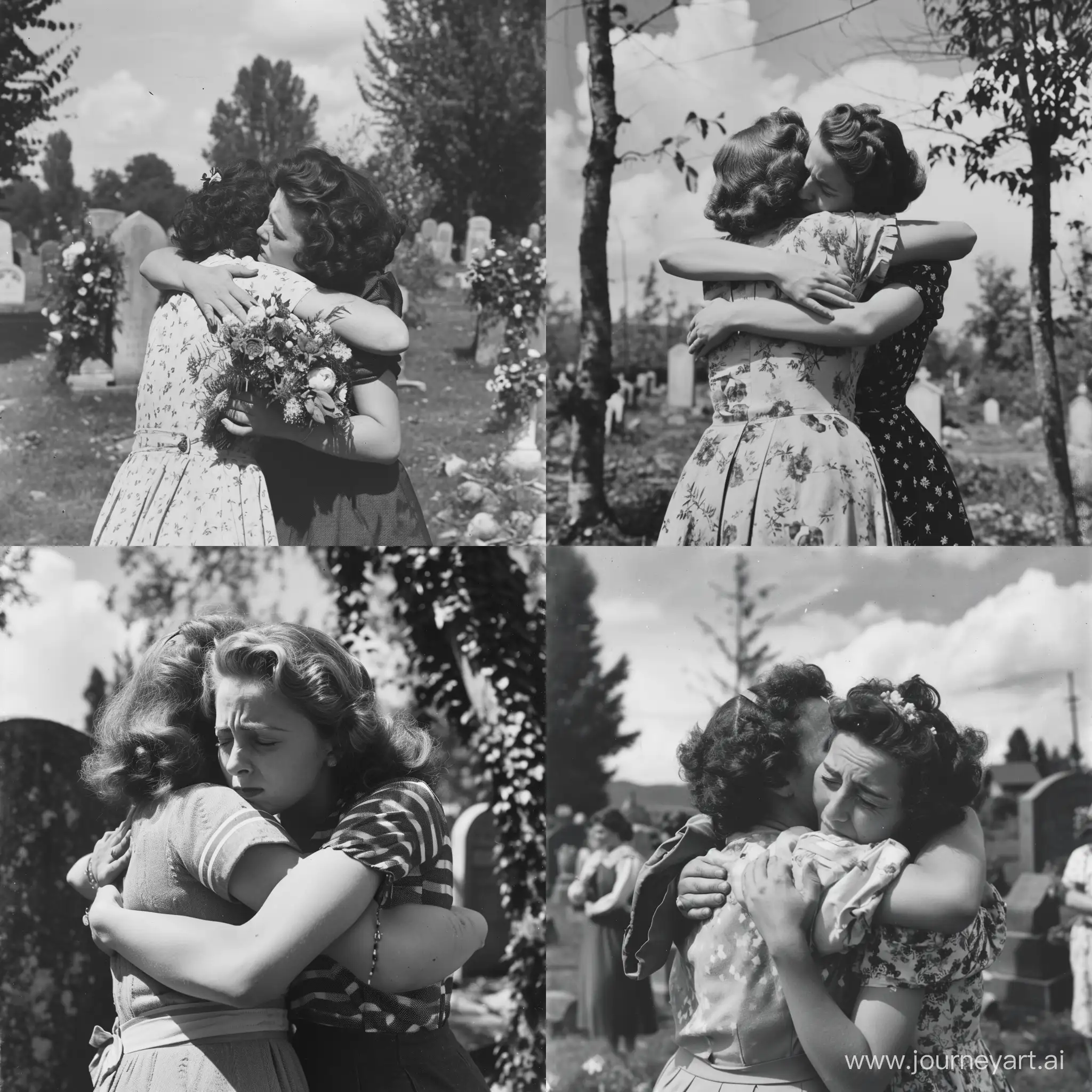 Emotional-Lesbian-Couple-in-Vintage-1950s-French-Cemetery-Hug-and-Kiss