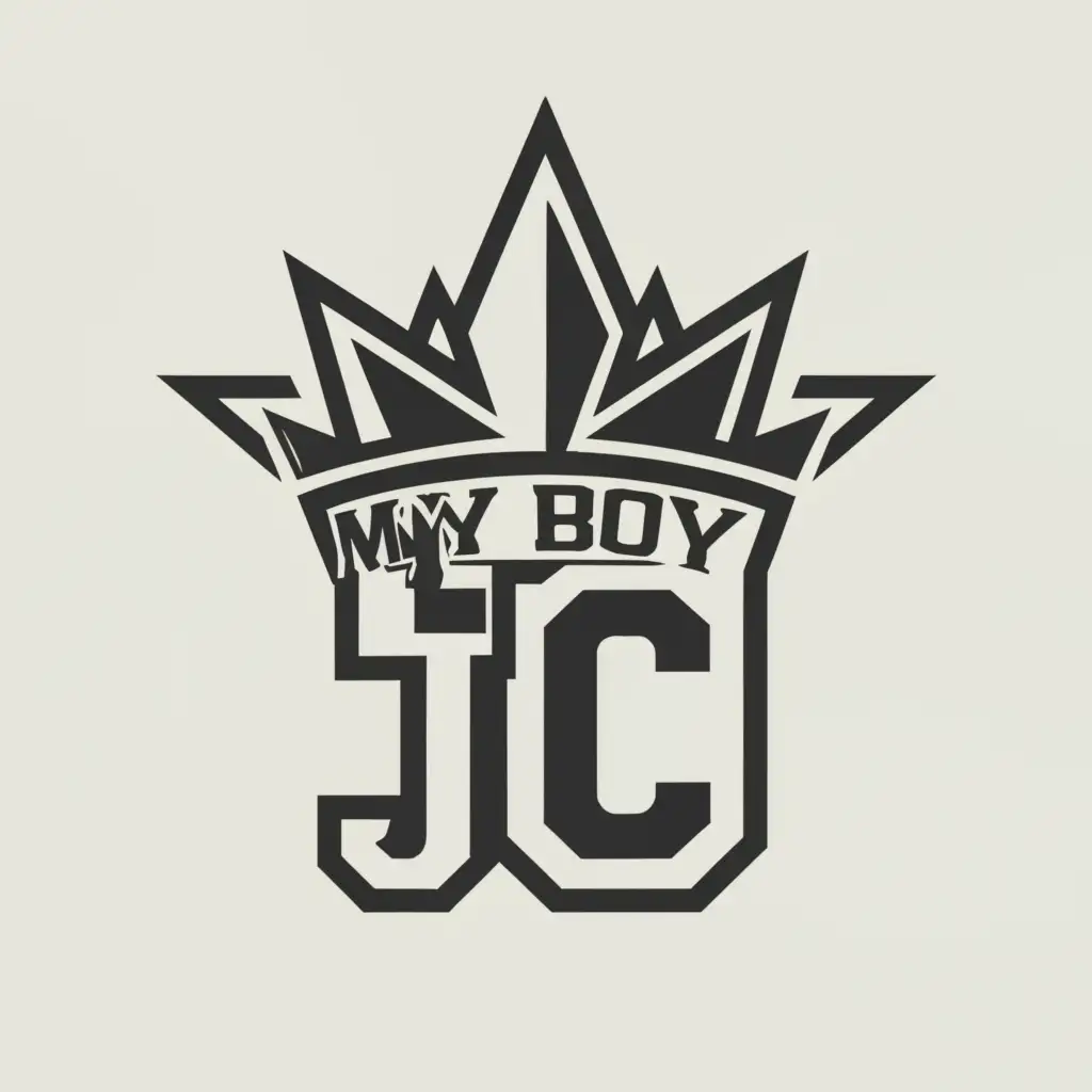 a logo design,with the text "MY BOY JC", main symbol:camp crown with 7 spikes, cross ontop of crown in center,Minimalistic,be used in Religious industry,clear background