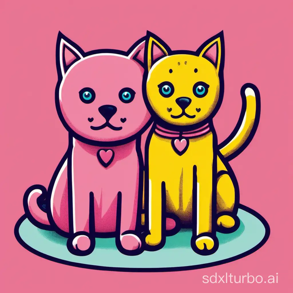 Adorable-Yellow-Dog-and-Playful-Pink-Cat-in-a-Vibrant-Scene