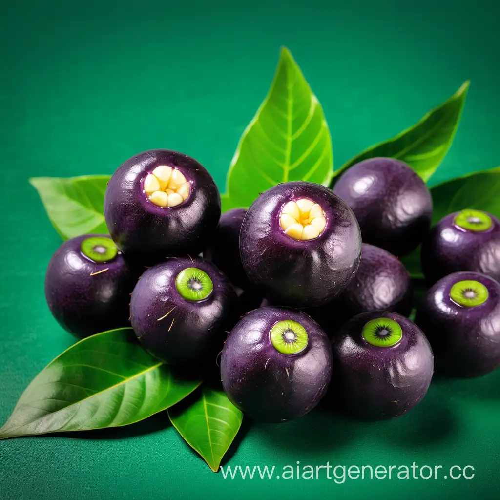 CloseUp-of-Fresh-Acai-Fruit-with-Green-Leaf-on-Vibrant-Green-Background