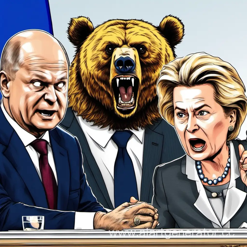 Russian-Bear-Roaring-at-von-der-Leyen-and-Scholz-Tension-in-Political-Encounter