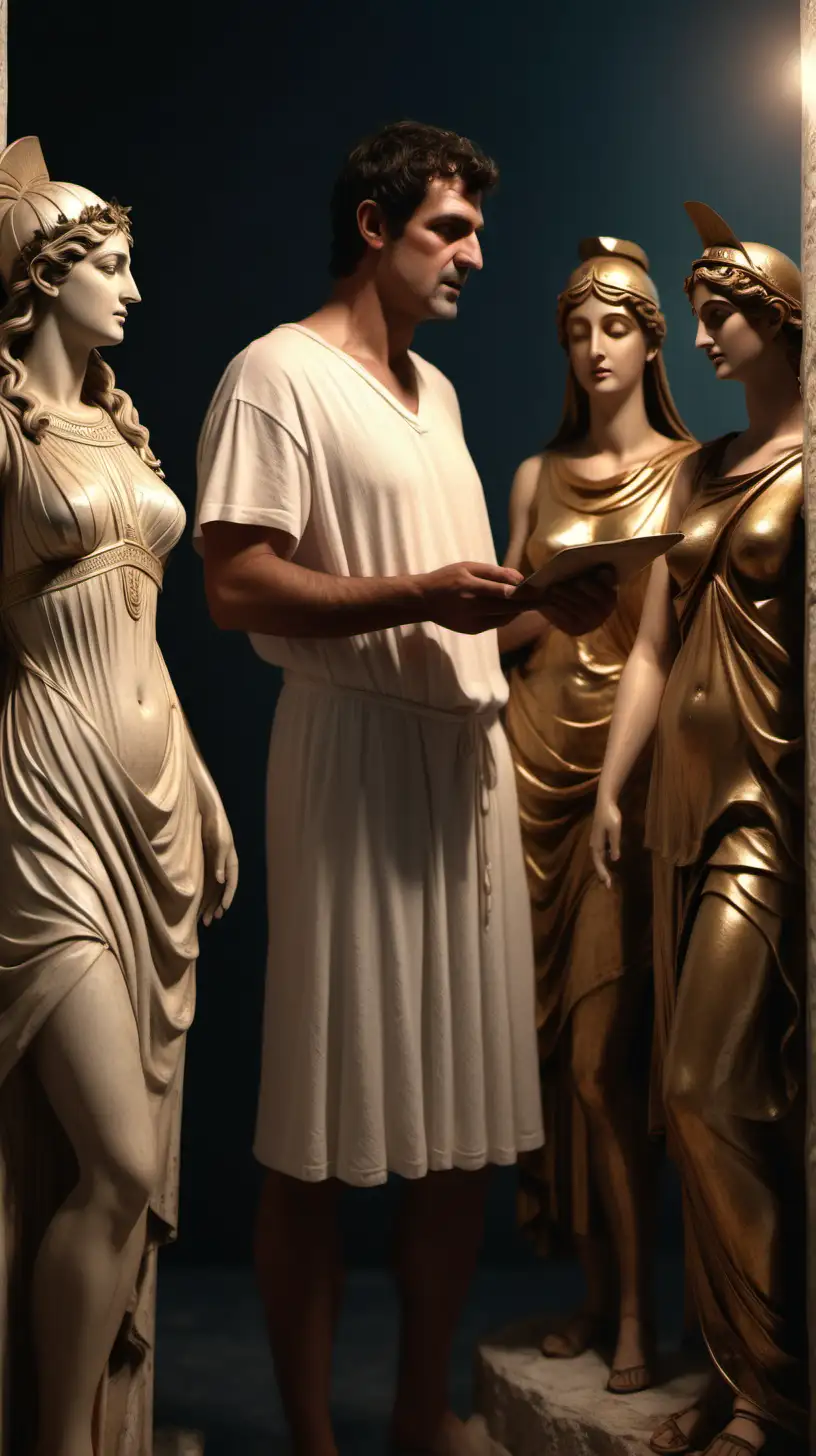 Paris un granjero de la antigua Grecia escogiendo entre las tres diosas en su juicio, el granjero es joven,imagen ultra realista ,iluminación cinemática,alta definición,8k
