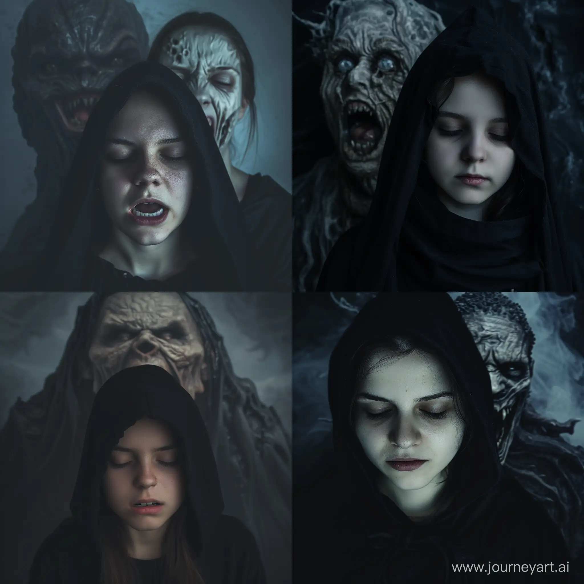 Portrait of Mysterious creepy girl with black hood. Her eyes are closed. There is a creepy creature with distorted face behind her. That creature is shouting. Dark themed photography.