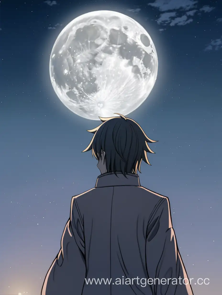 аниме, манхва, о кан у, полудемон, человек, спиной через плечо смотрит назад, вид на луну