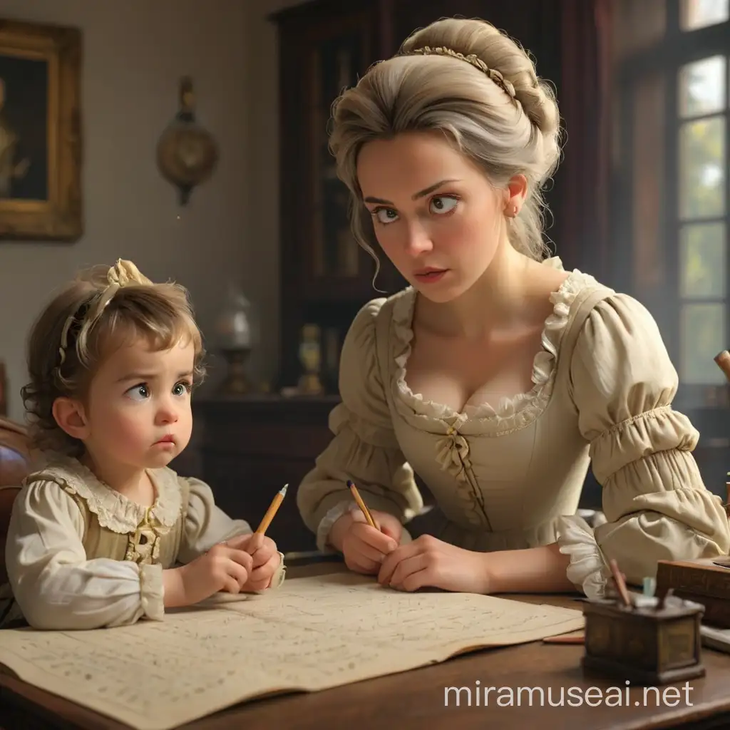 A woman in an 18th century dress, not thin, is sitting at a desk solving mathematical equations, she is very concentrated, chewing on a pencil from exertion, next to her at the desk sits a one-year-old child with a pacifier in his mouth. In the style of 3d animation, realism.
