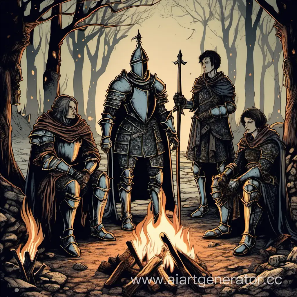 In the style of dark fantasy. One knight in armor stands in front of four people who are dressed in old clothes and sitting around a campfire.