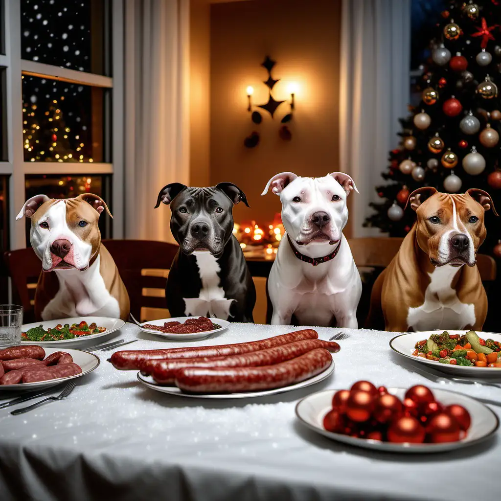 Create a professional photo of american staffordshire terrier, dogs sitting at the Christmas Eve table, with sausages on the table. Use the FujifilmX100V camera, keep the natural colors and capture hidden moments in a natural style. Integrate many topics, introduce diversity, achieve ultra-realism and immortalize the snow falling outside the window, creating a picturesque scenery.