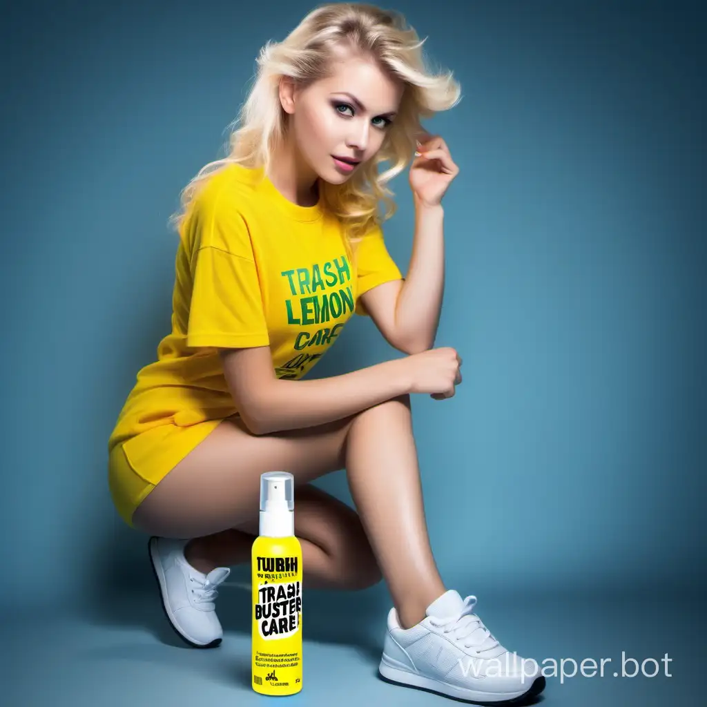 Beautiful sexy blonde, advertises shoes, TRASH BUSTER shoe care deodorant spray 100 ml. with Turbo Lemon scent, wearing BIOHIM logo clothing, lemon, shoes, sneakers, children's shoes.