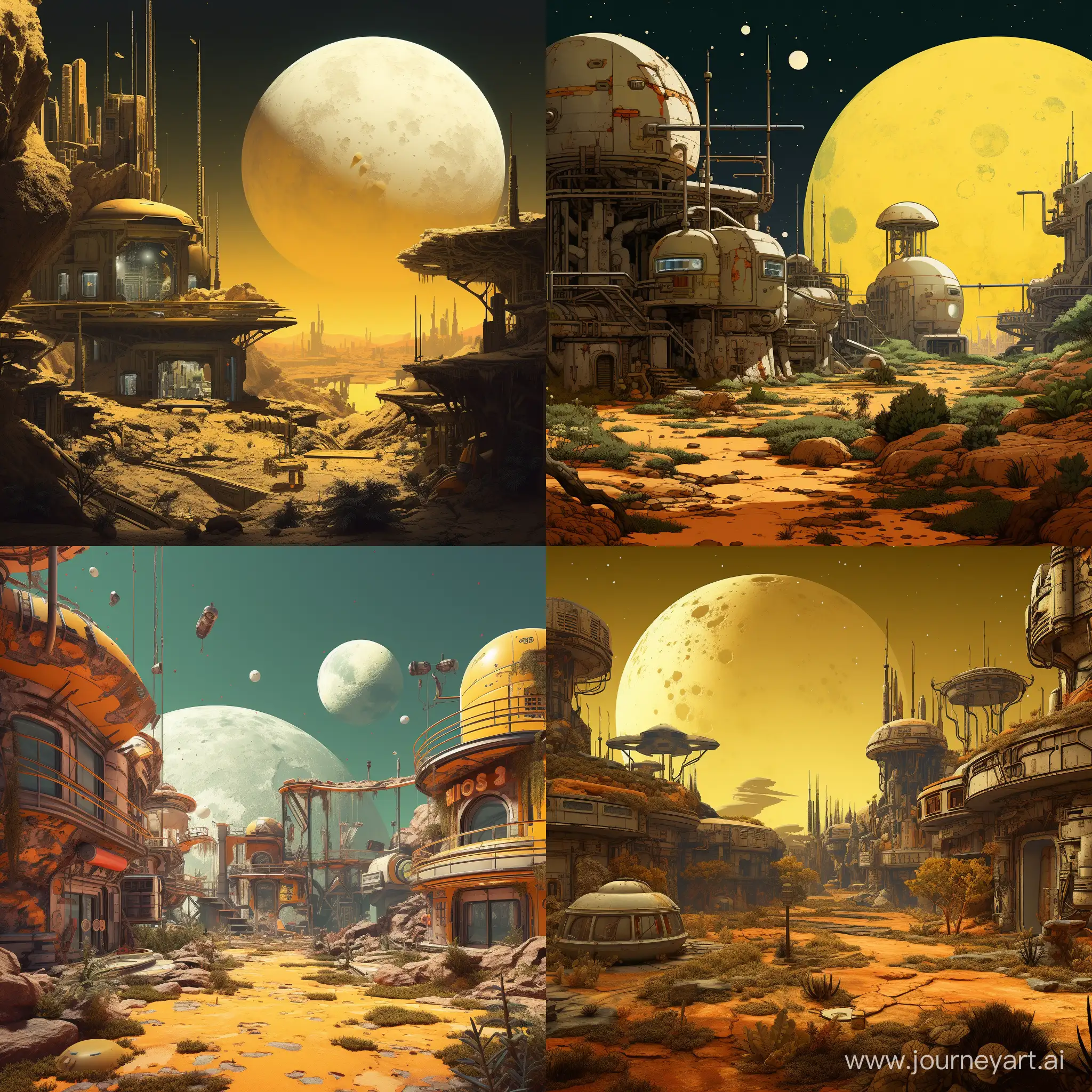 Scenery. A small yellow moon with a small space outpost on it. There are spaceships on the landing pads, and to the left you can see an old-fashioned building in the retro futurist style. Множество тёмных растений вокруг окутывают старые здания и брошенные корабли. Жёлтый грунт.