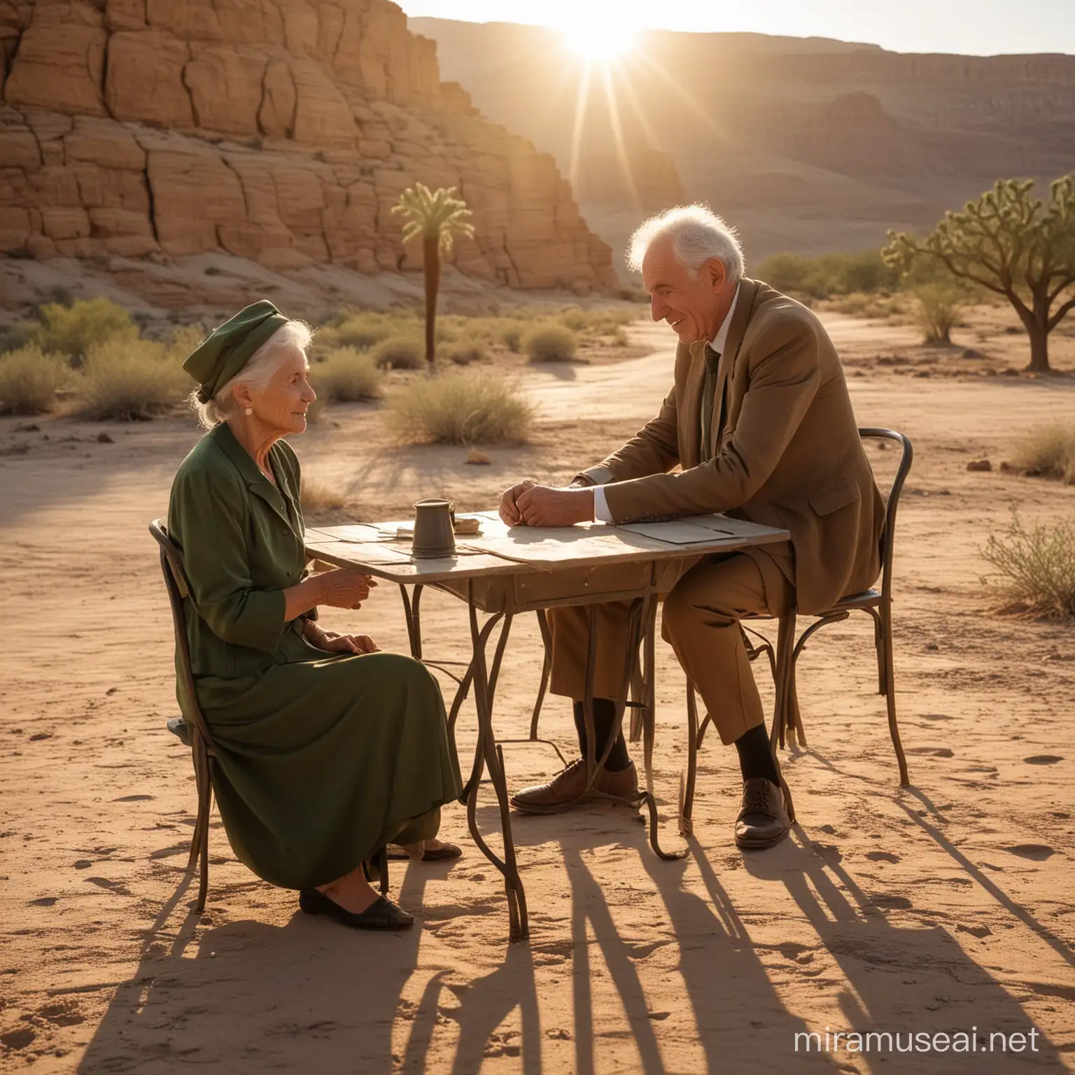 Time in a bottleon table, arid desert, old man in a brown suit with a tie, old woman in a dark green dress, sitting at a simple table, the sun is starting to set