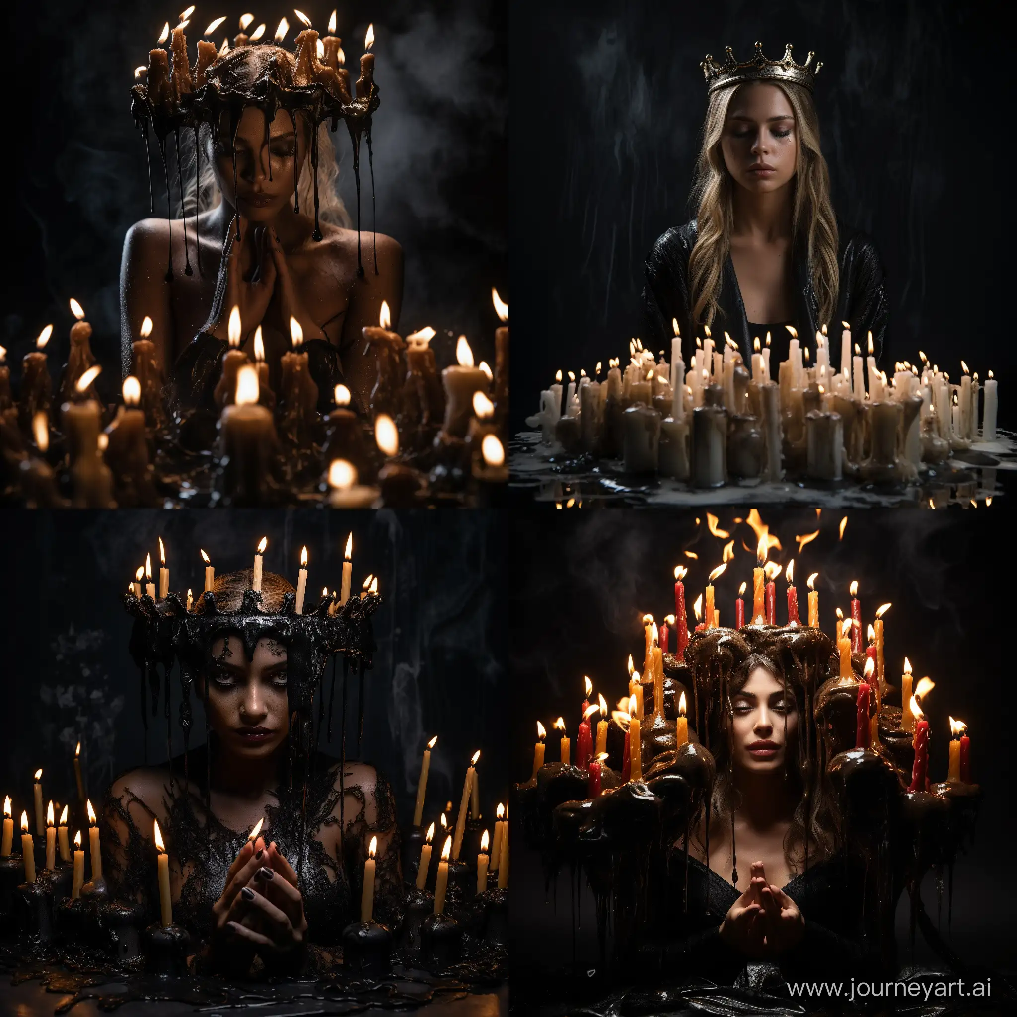 королева в короне из свечей, украшения из оплавленных свечей, разные горящие свечи, подсвечники, стекает воск, сказочная иллюстрация, реализм, как на фото, черный фон, яркий контрастный свет, магия
