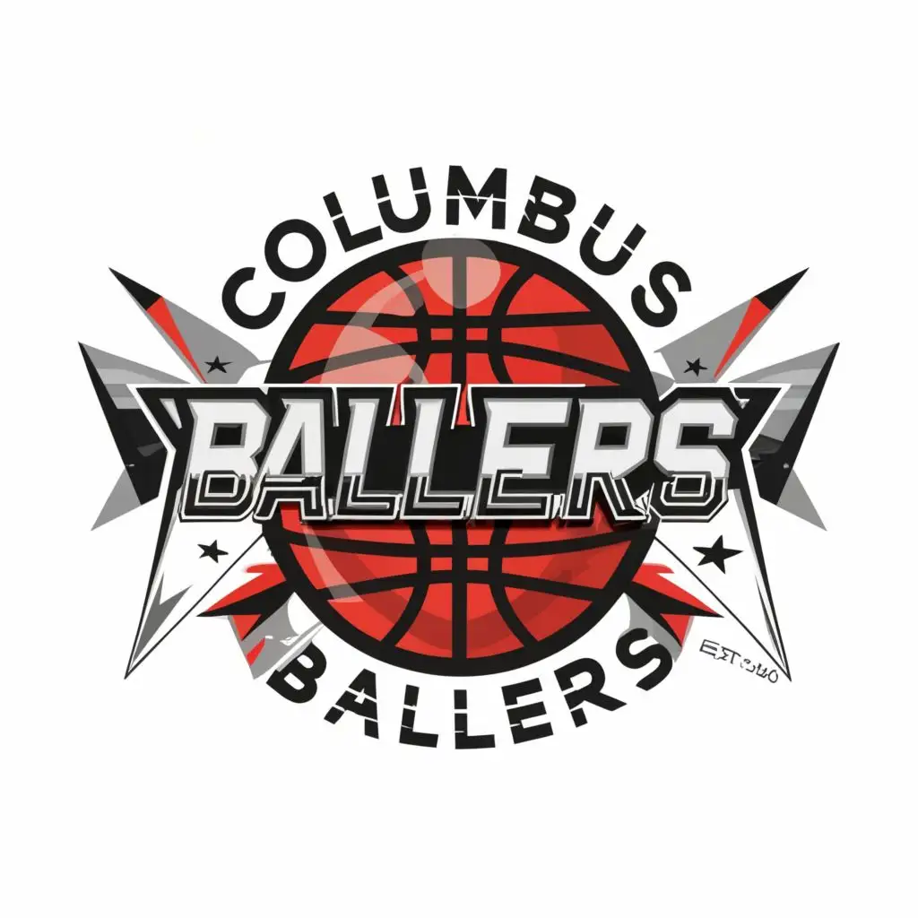 A real basketball with the words "COLUMBUS" "BALLERS" going across is in the colors Red and Black with white trim, in a futuristic word font and must be able to be used as a real NBA Basketball team logo.
