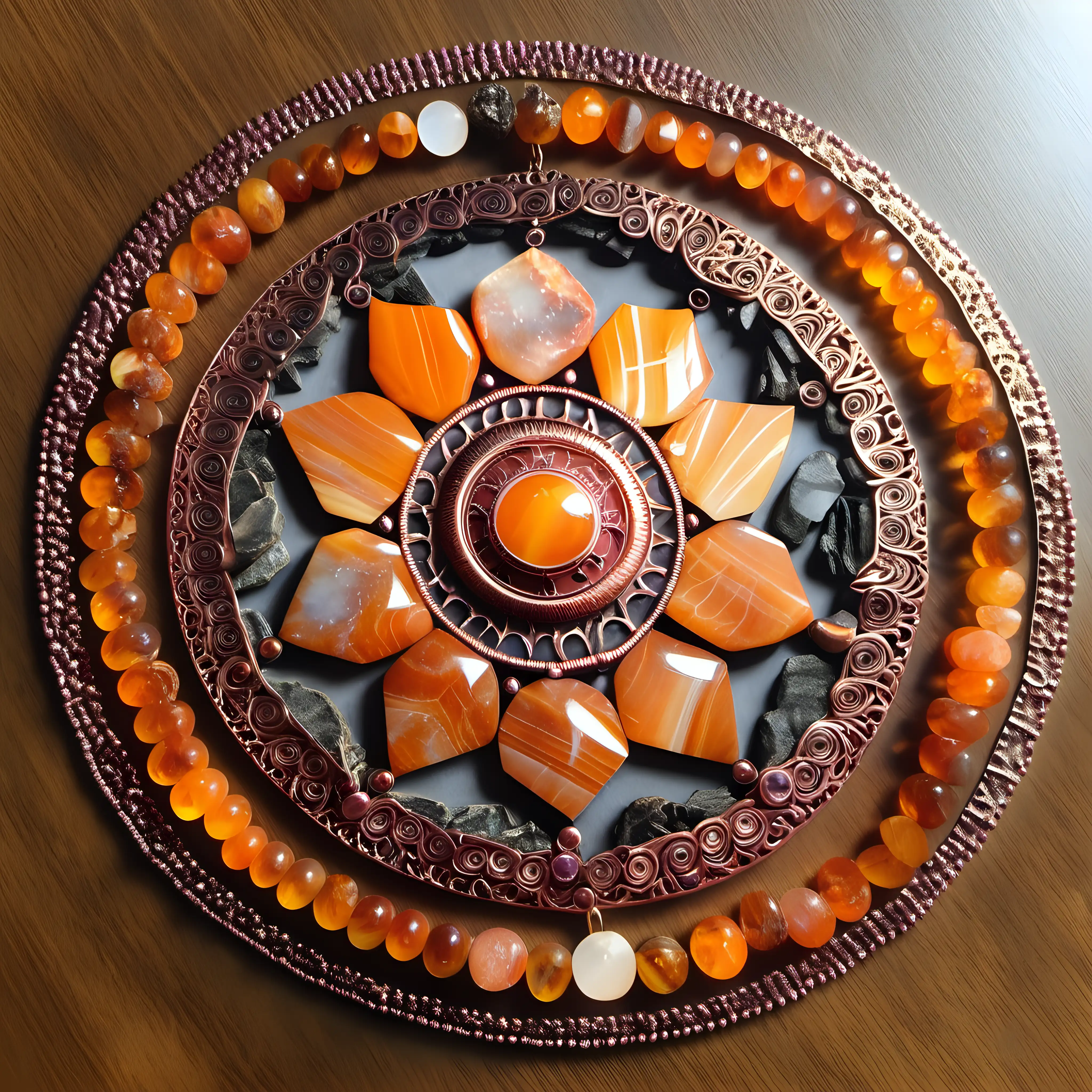 Sacral Chakra Mandala using copper, andara,  tigers eye, sunstone
