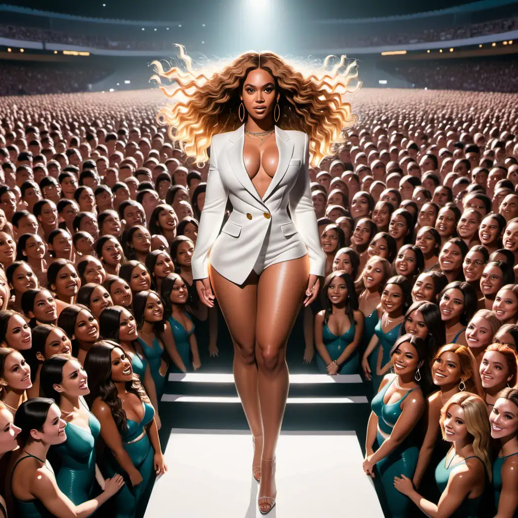 Eine Karikatur von Beyoncé, die auf einer Bühne steht und von einem Meer aus Fans umgeben ist. realistisch
