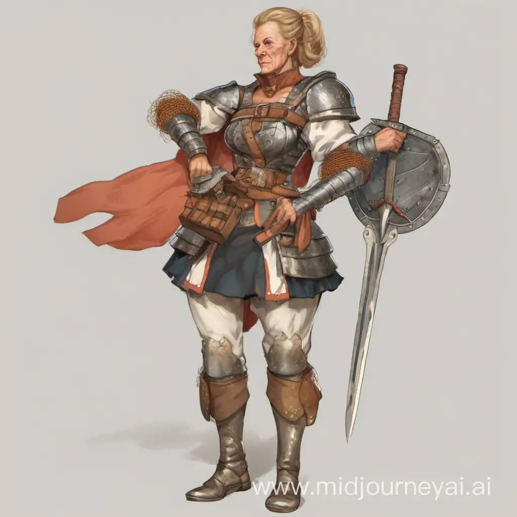 landsnektch  german 
elderly female mercenary wearing fancy clothes with plate armor and a sword
