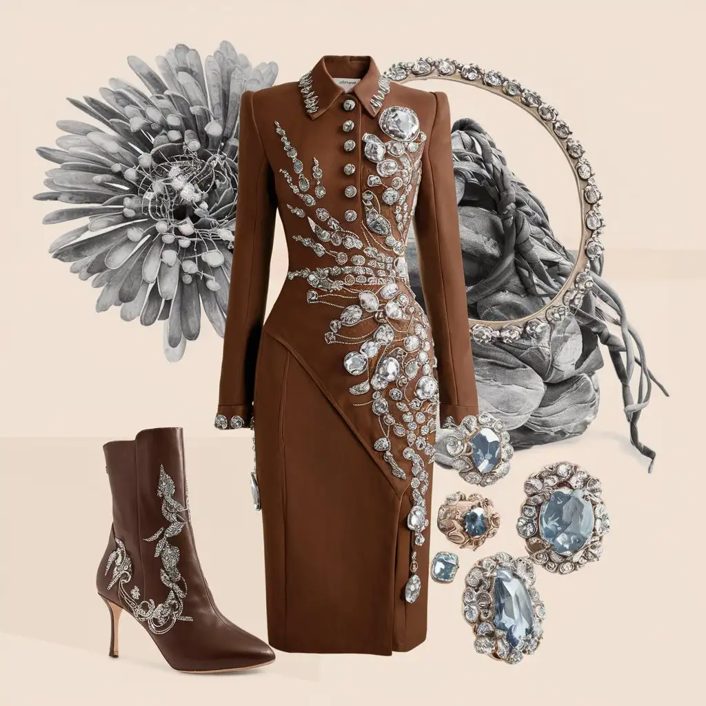 Luxury Casiphia Brown Dress with Medium Heel Boots and Silver Accents