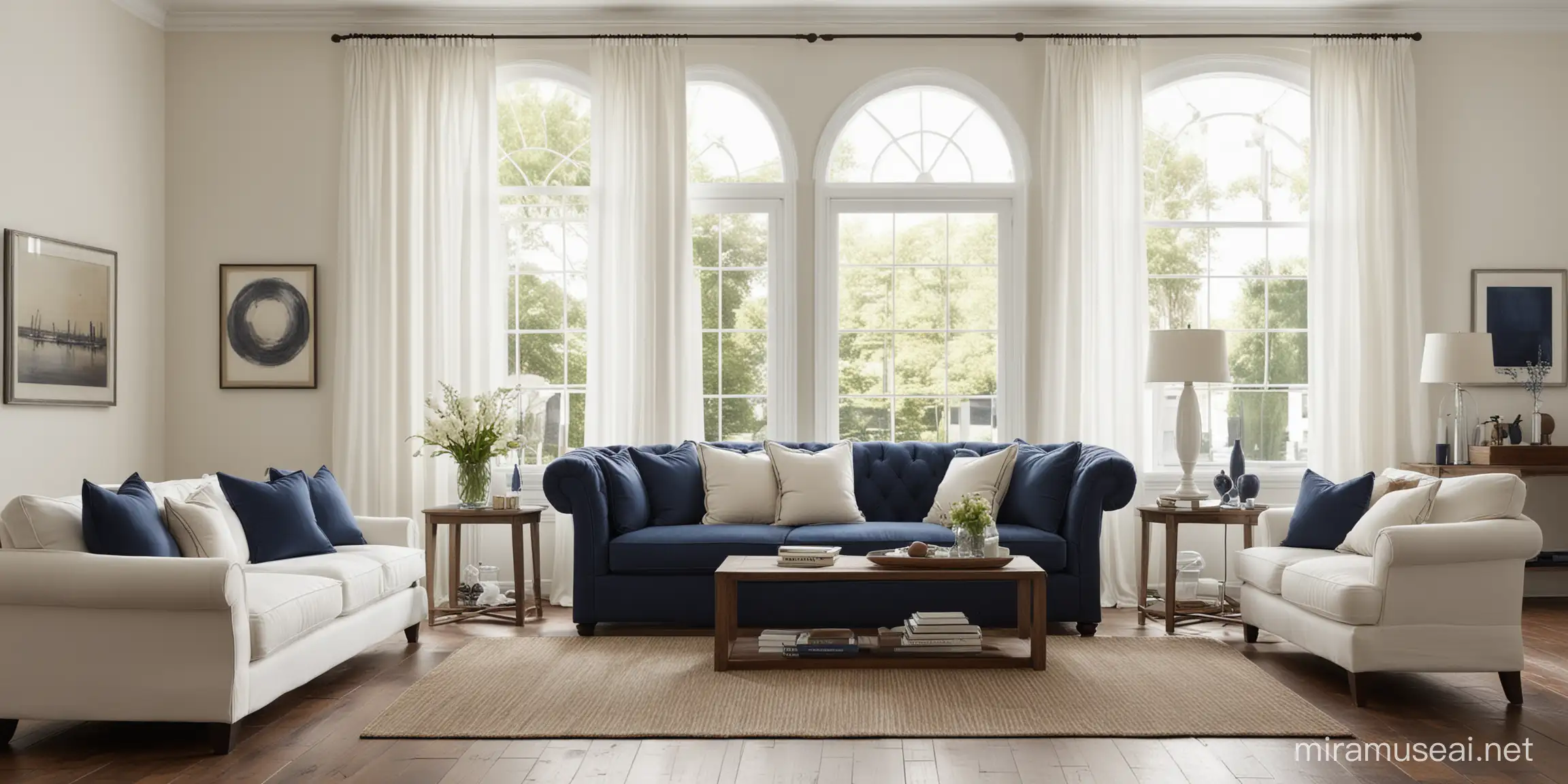 Both Dark blue and white sofas on chocolate brown wooden floor and white walls in a living room setting with a window