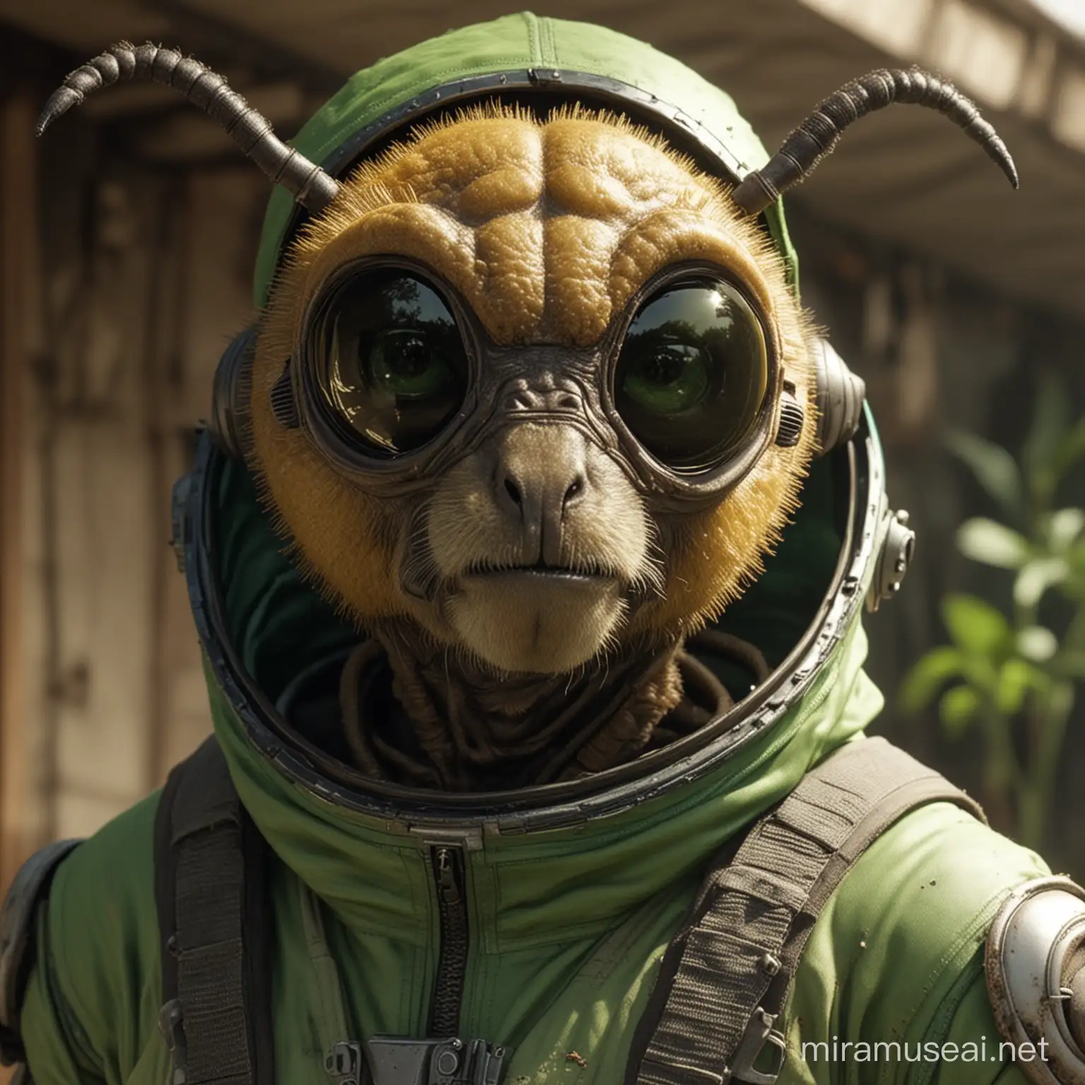 Dirty bee-alien who looks like a bee, works as a botanist, not a human, wears green jumpsuit, sci-fi setting, close-up portrait 3/4, facing camera, has head antenna, no wings
