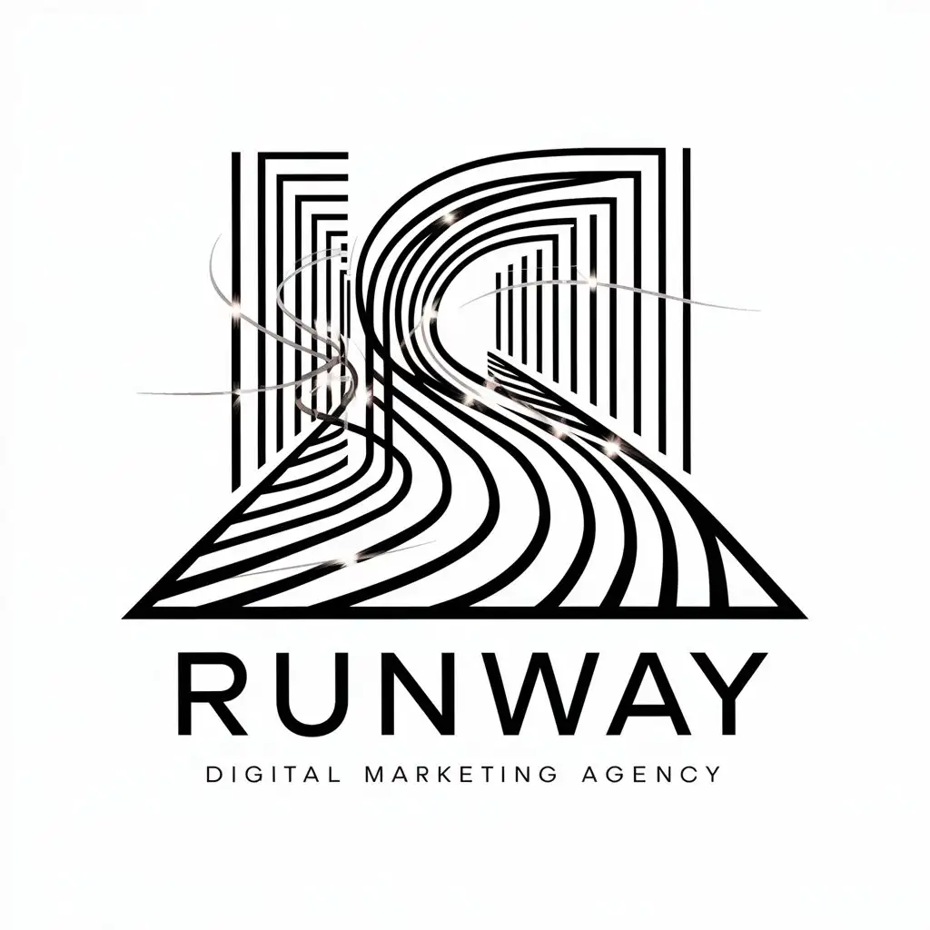 "Design a logo for a digital marketing agency named 'Runway,' specifically catering to the fashion industry. The agency's brand identity is centered around the themes of catwalks, lights, and elegance. The logo should be abstract and devoid of human figures. It should be presented in a drawn or animated style."