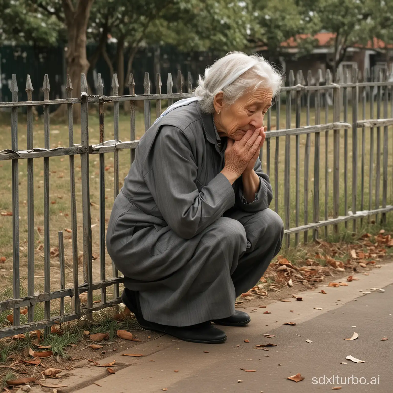 Draw a grandmother kneeling at the school gate, her soul floating beside her grandmother crying, her soul has been hovering at the scene of the crime, wanting to go home but unable to return, the body has perished.