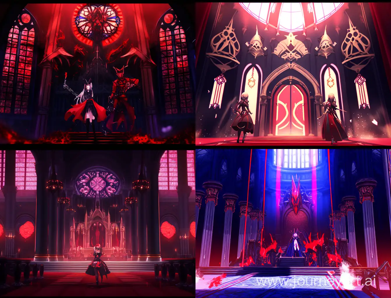 [royal] in HoloGothic style, featuring [red] and [black] holographic gothic arches and figures