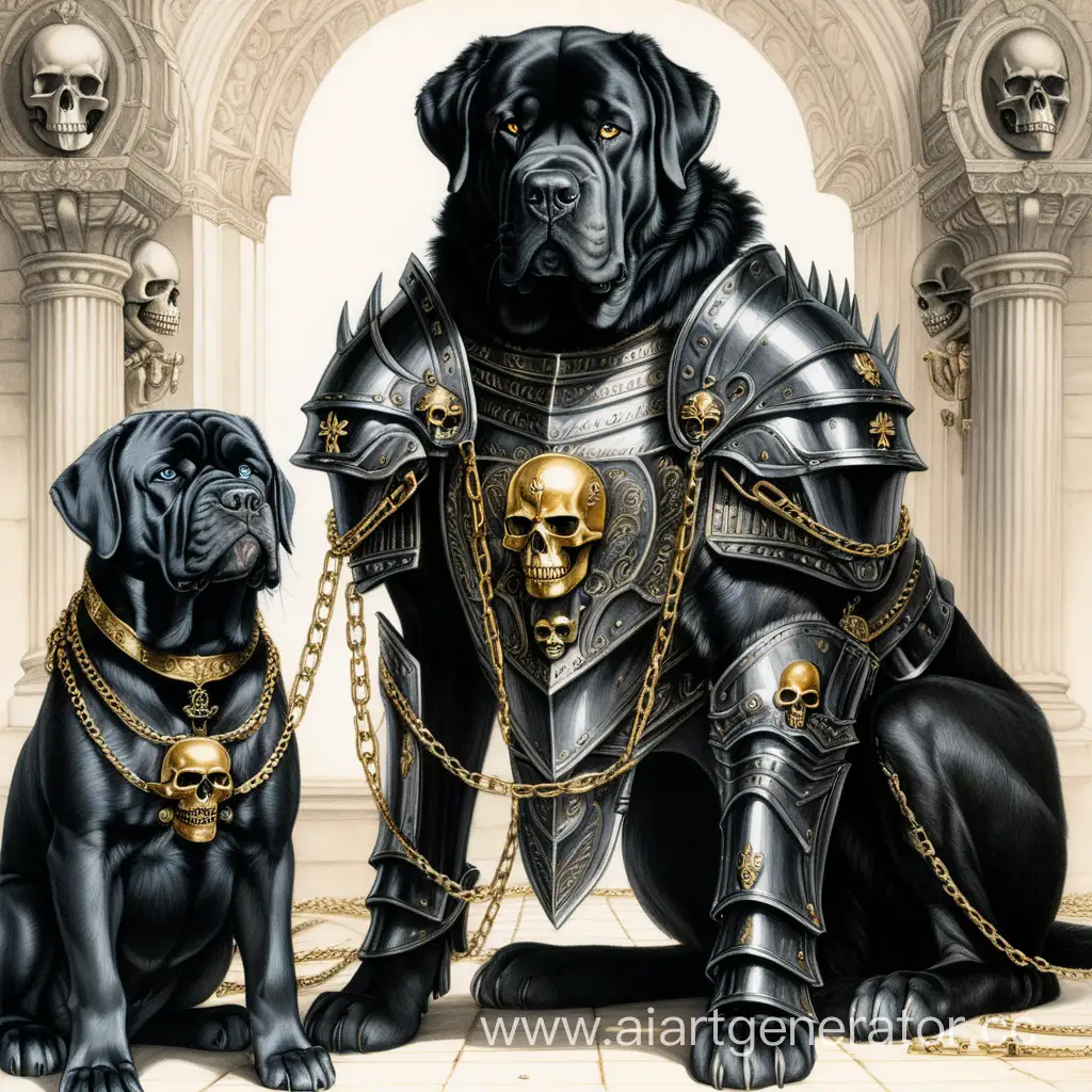 BlackHaired-King-in-Armor-with-Mastiff-Symmetrical-Pencil-Drawing-of-Brutal-Power