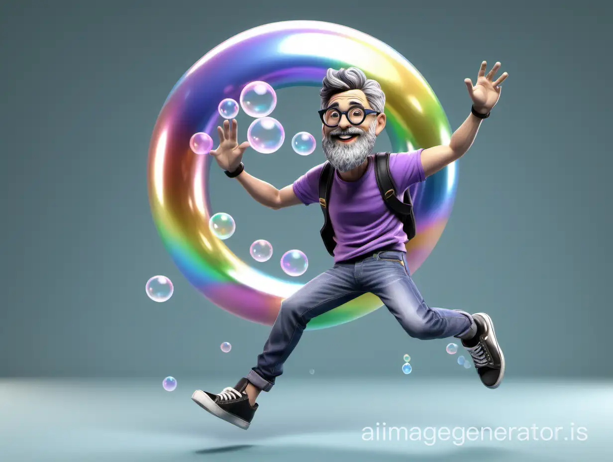 Create 3D illustration of an animated character jumping on top of a large bubble, The character is < 40 years old,  wearing round rimmed glasses,  german with short hair , black and white sneakers shooting bubbles out the back, medium black & graying hair with parted hair on the side, beard, jeans, wearing purple t-shirt, rainbow suspenders,  bubbles ware swirling everywhere 